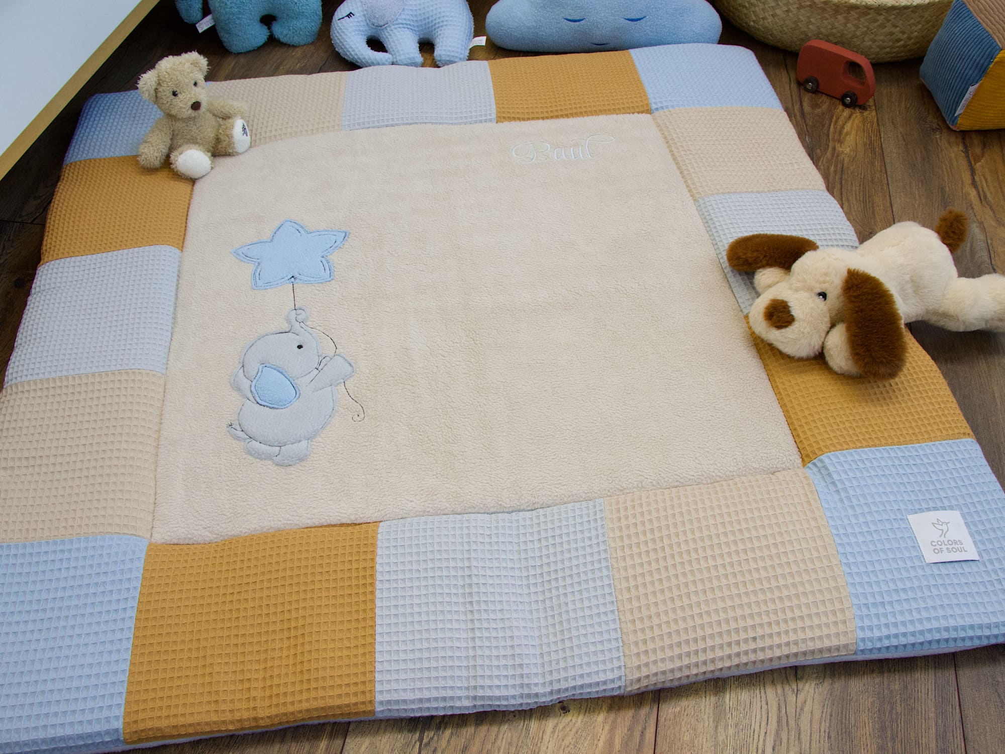 Patchwork Rand aus Waffelpique in Hellblau Karamell Hellgrau Beige
