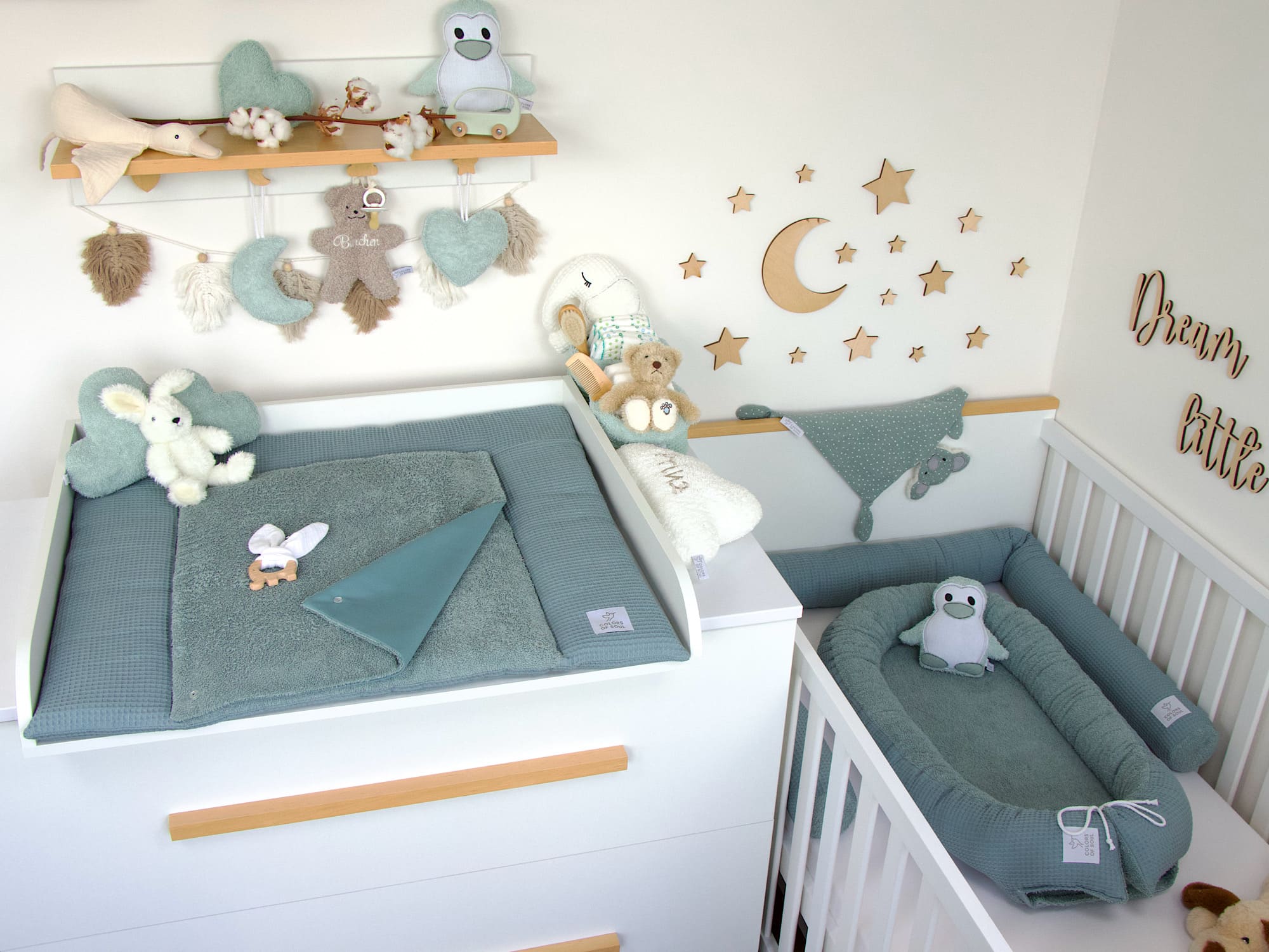 2-er SET - Babynestchen, Bettschlange - Waffelpique dusty altmint / Frottee dusty altmint