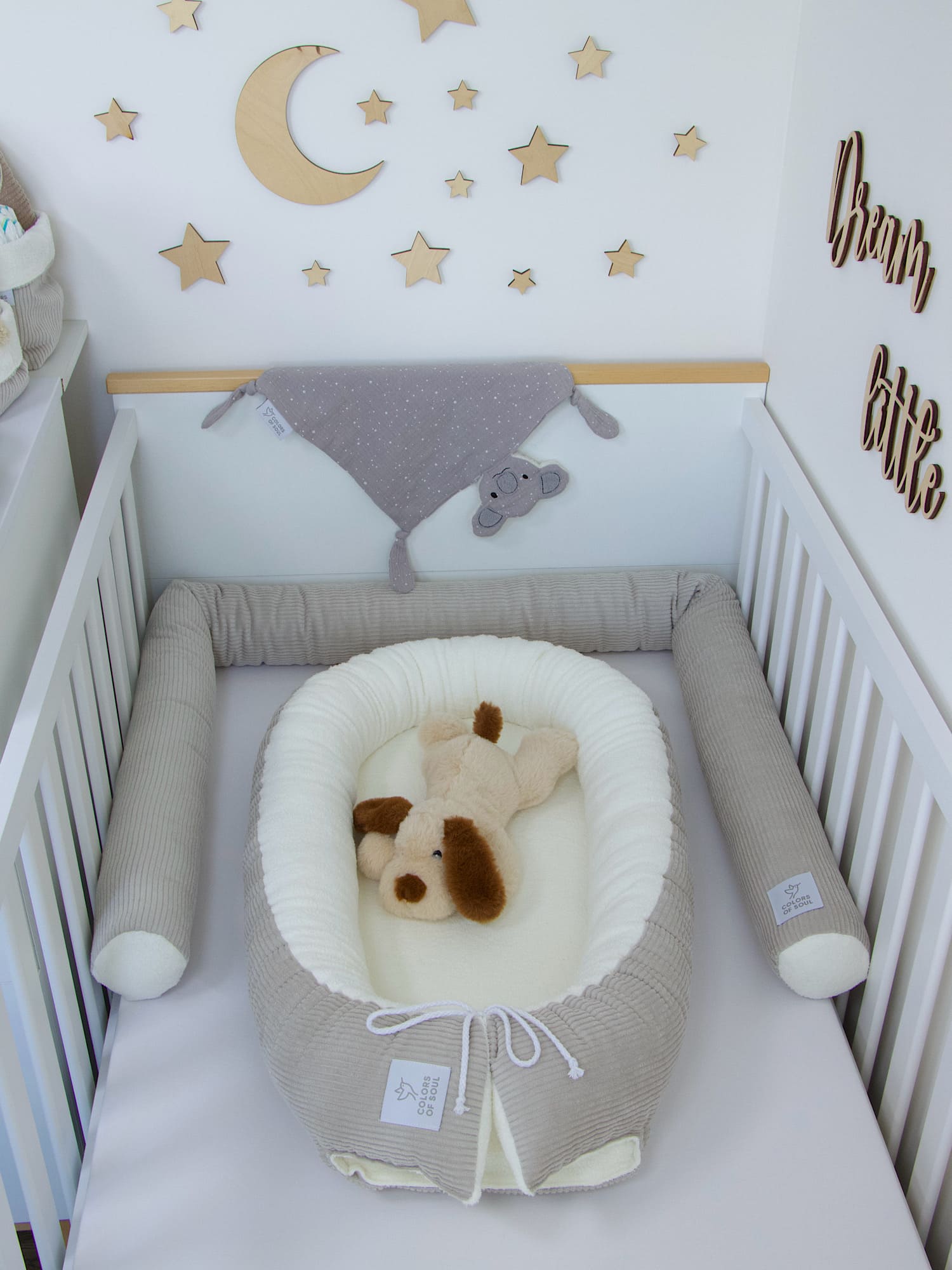 3-er SET - Wickelauflage, Bettschlange, Babynest - Kord hellbeige / Baumwollfleece creme