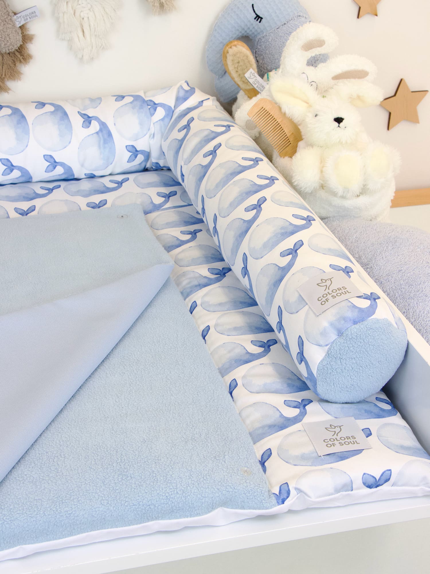 2-er SET - Wickelauflage, Bettschlange - blaue Wale Aquarell / Baumwollfleece blau