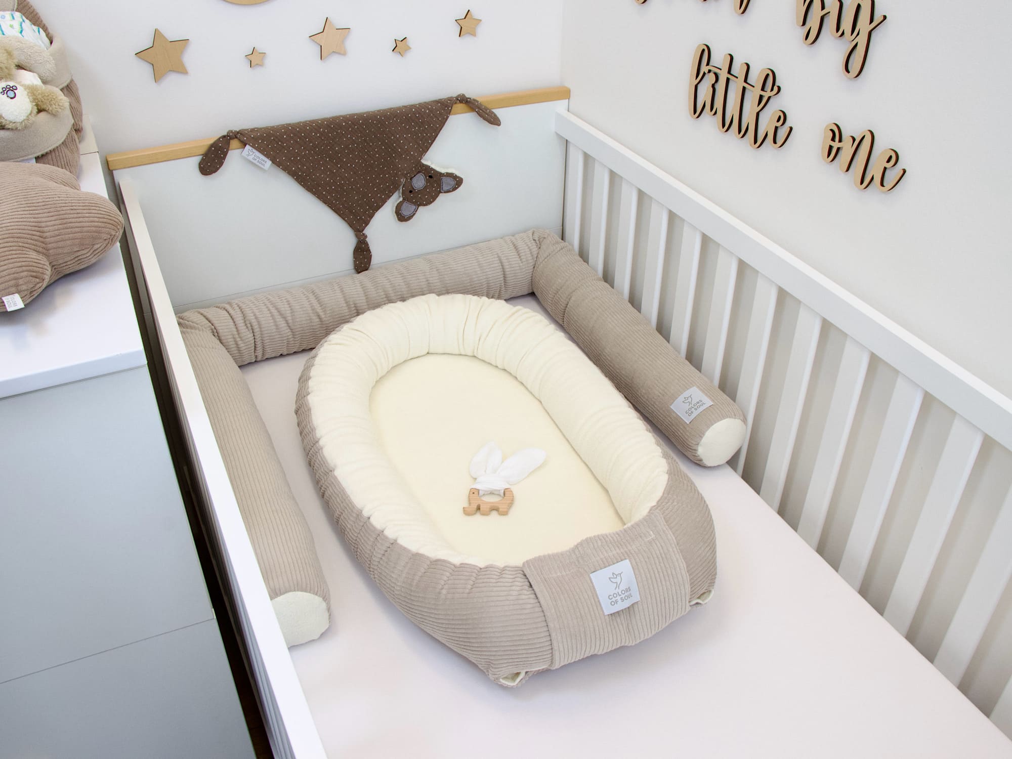 3-er SET - Wickelauflage, Babynestchen, Bettschlange - Cord hellbeige / Baumwollfleece creme