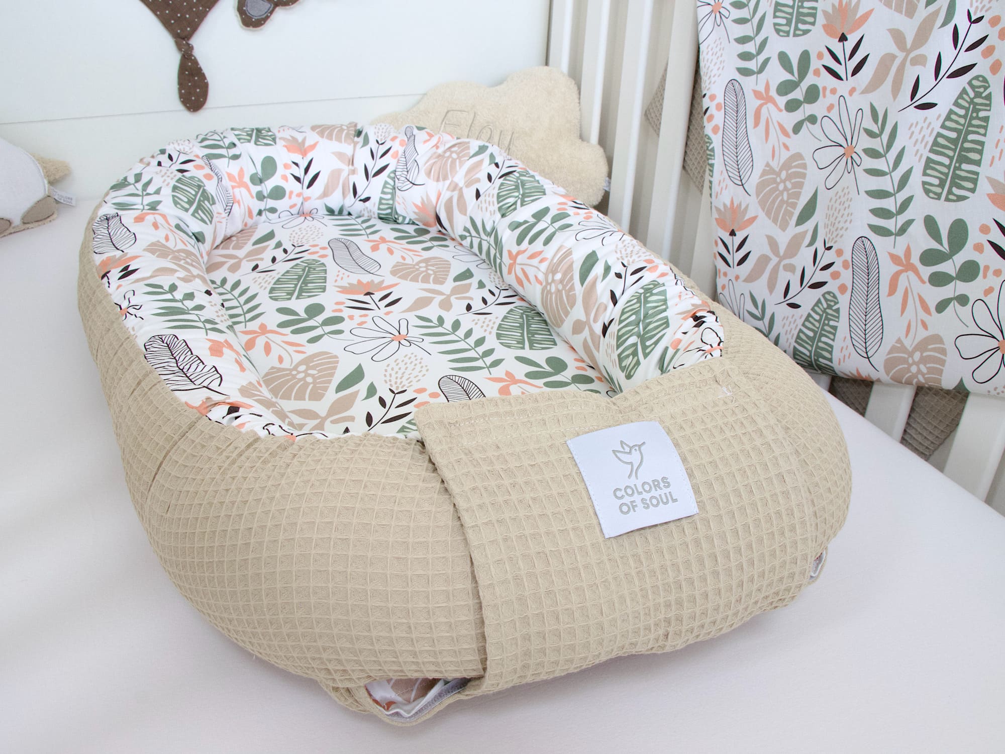 5-er SET - Wickelauflage mit Inlett, Babynestchen, Bettschlange - Tropical Blumen / Waffel beige
