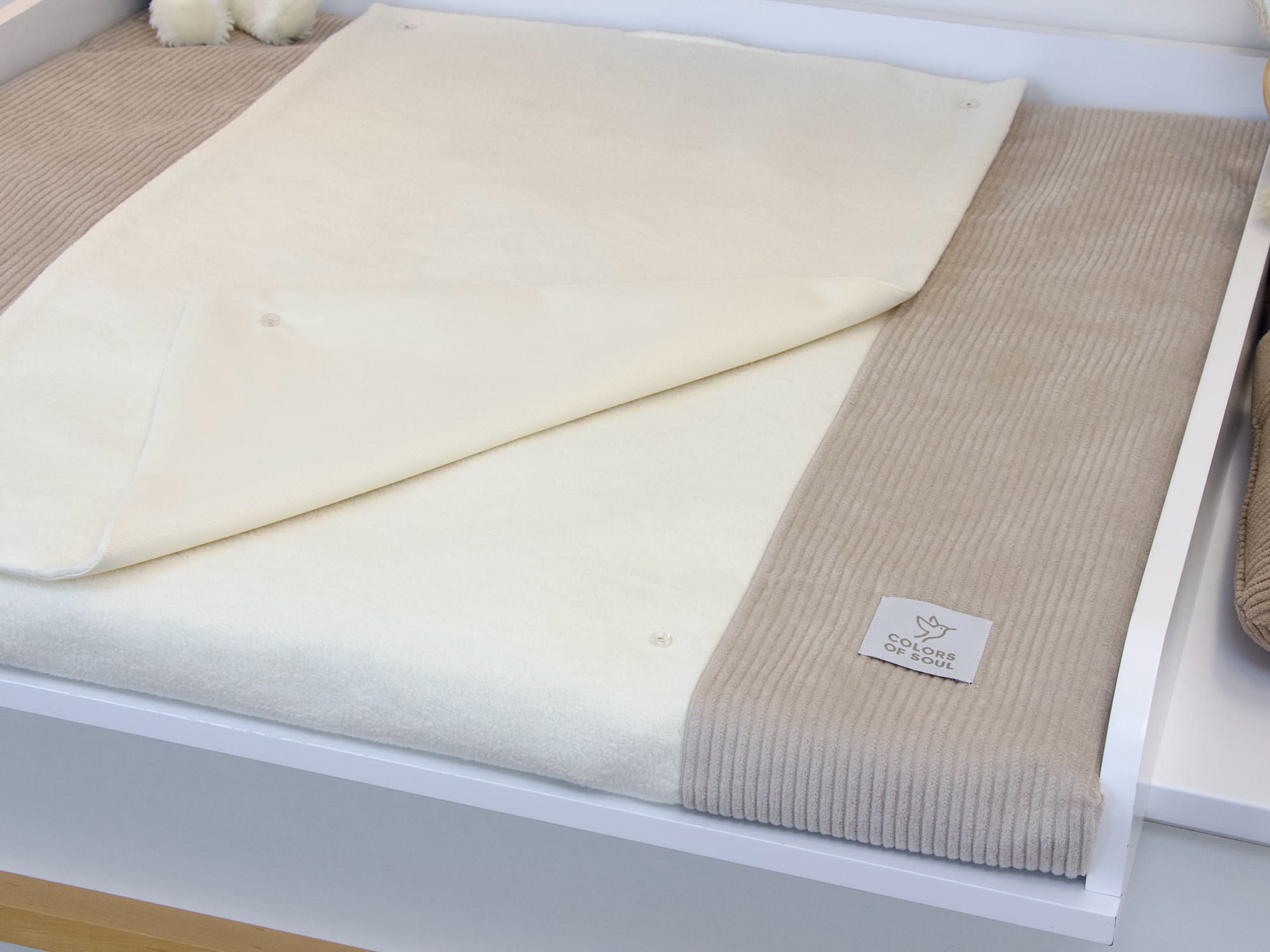 3-er SET - Wickelauflage, Babynestchen, Bettschlange - Cord hellbeige / Baumwollfleece creme