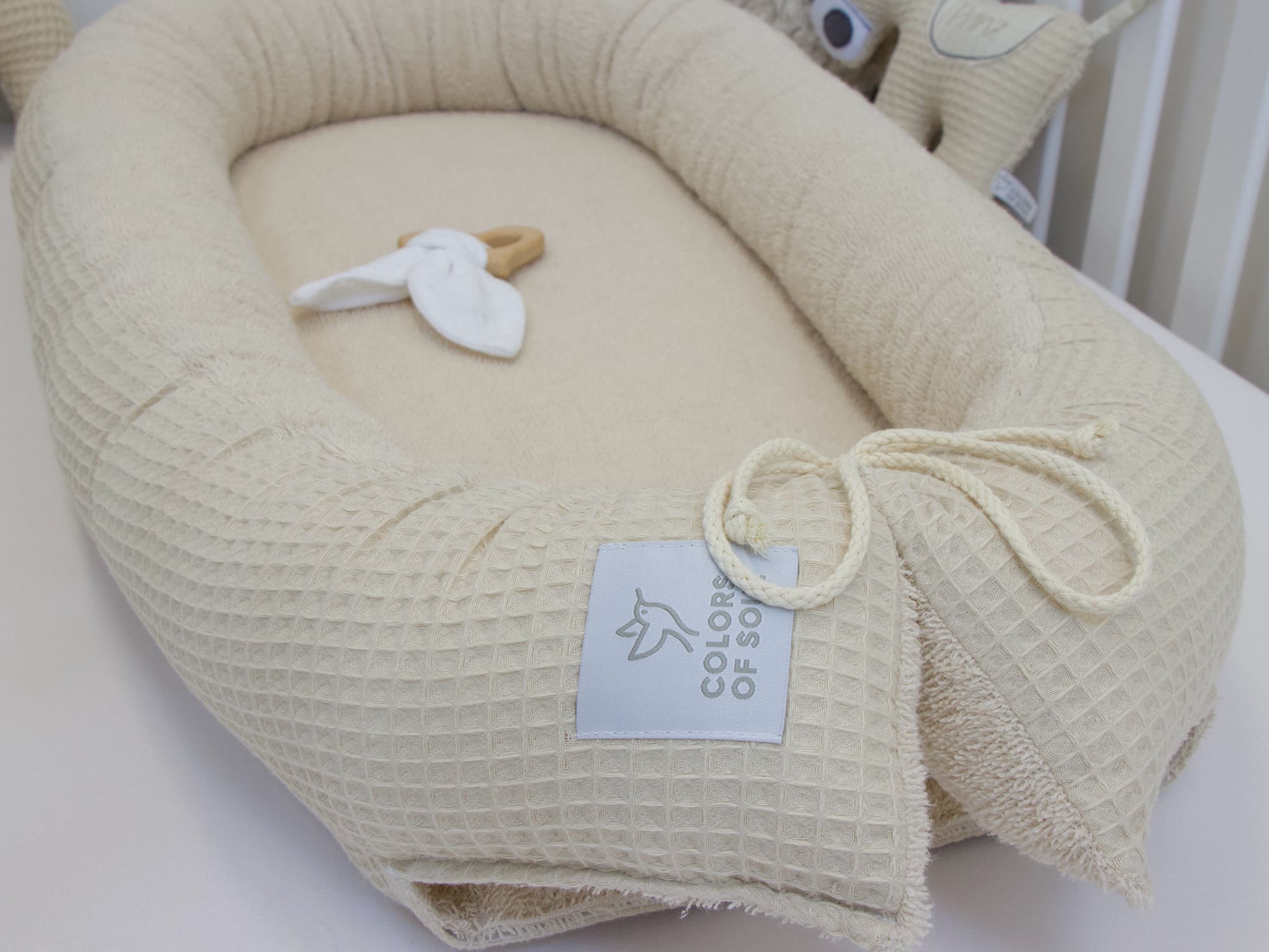 2-er SET - Wickelauflage und Babynestchen - Waffelpique light sand / Frottee light sand