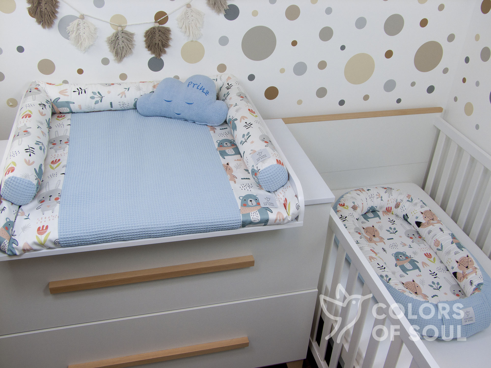 3-er SET - Wickelauflage mit Inlett, Babynest, Bettrolle - pastell Waldtiere / Waffelpique hellblau