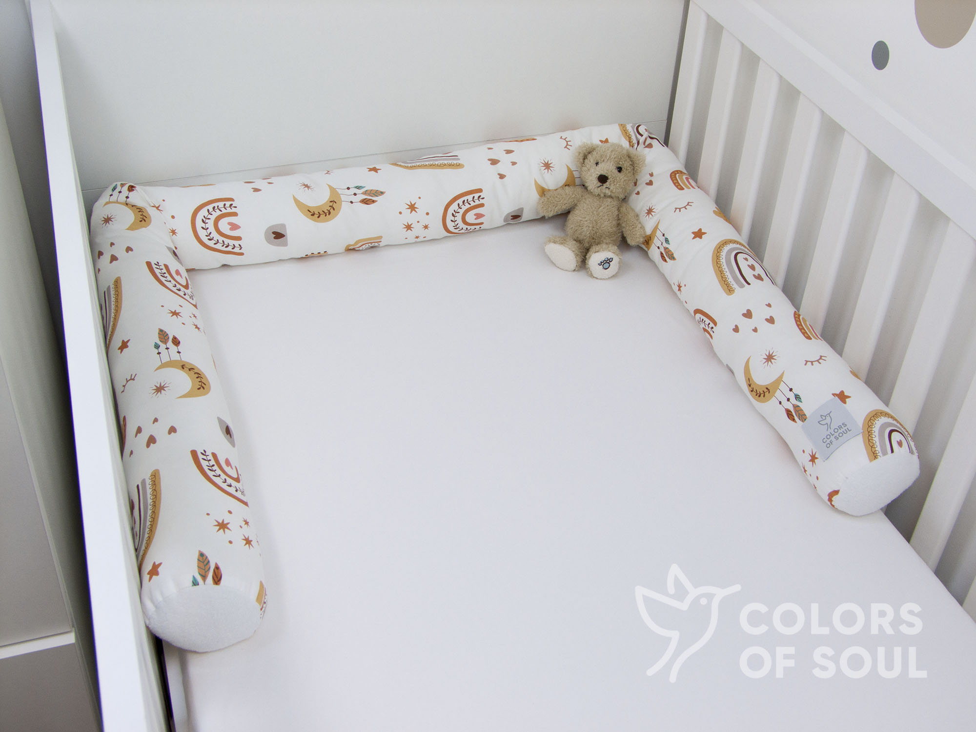 3-er SET - Wickelauflage, Bettschlange, Babynest - Baby boho Regenbogen / Waffelpique karamell