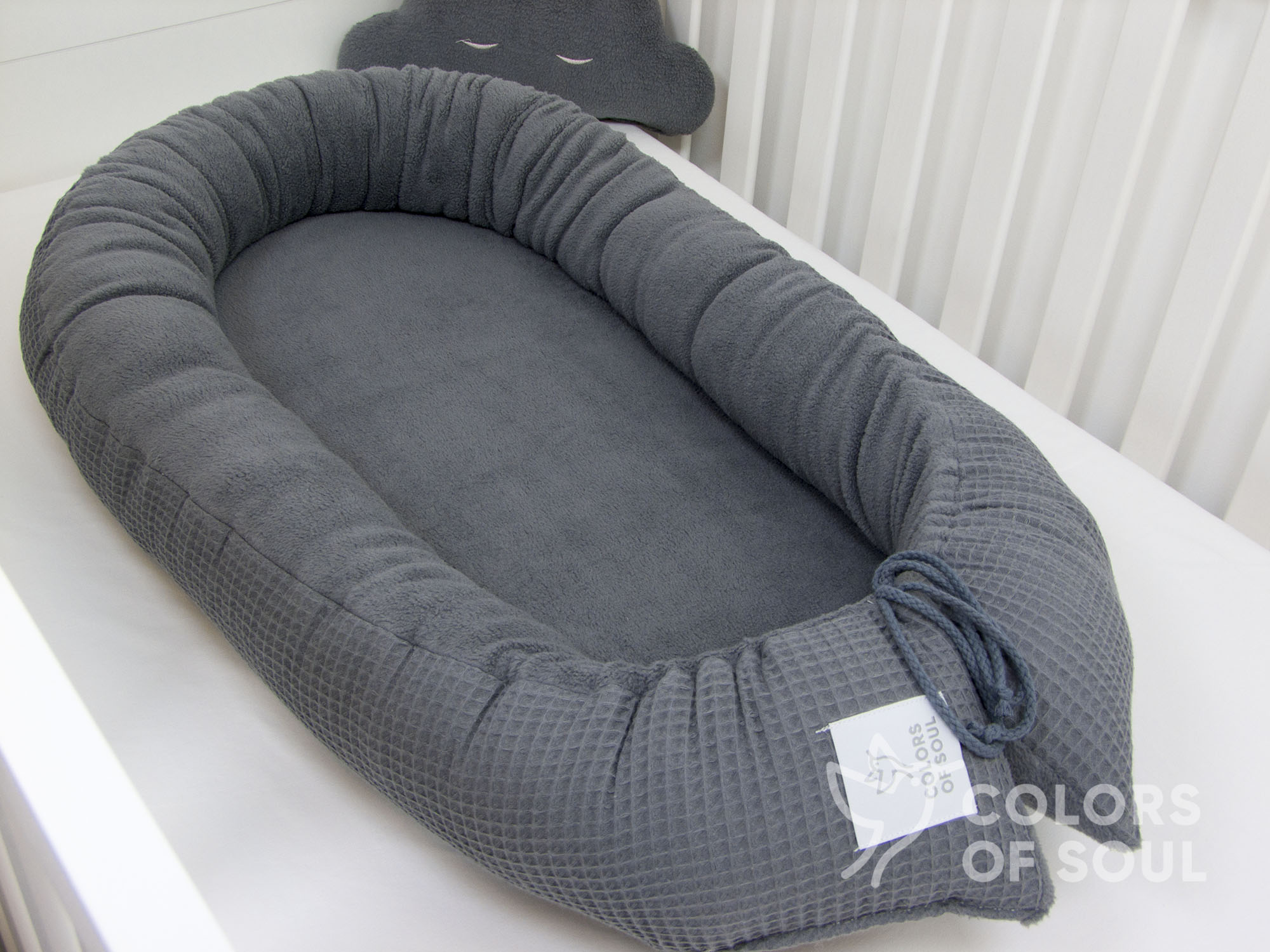 3-er SET - Wickelauflage, Bettschlange, Babynestchen - Waffelpique steingrau / Baumwollfleece grau