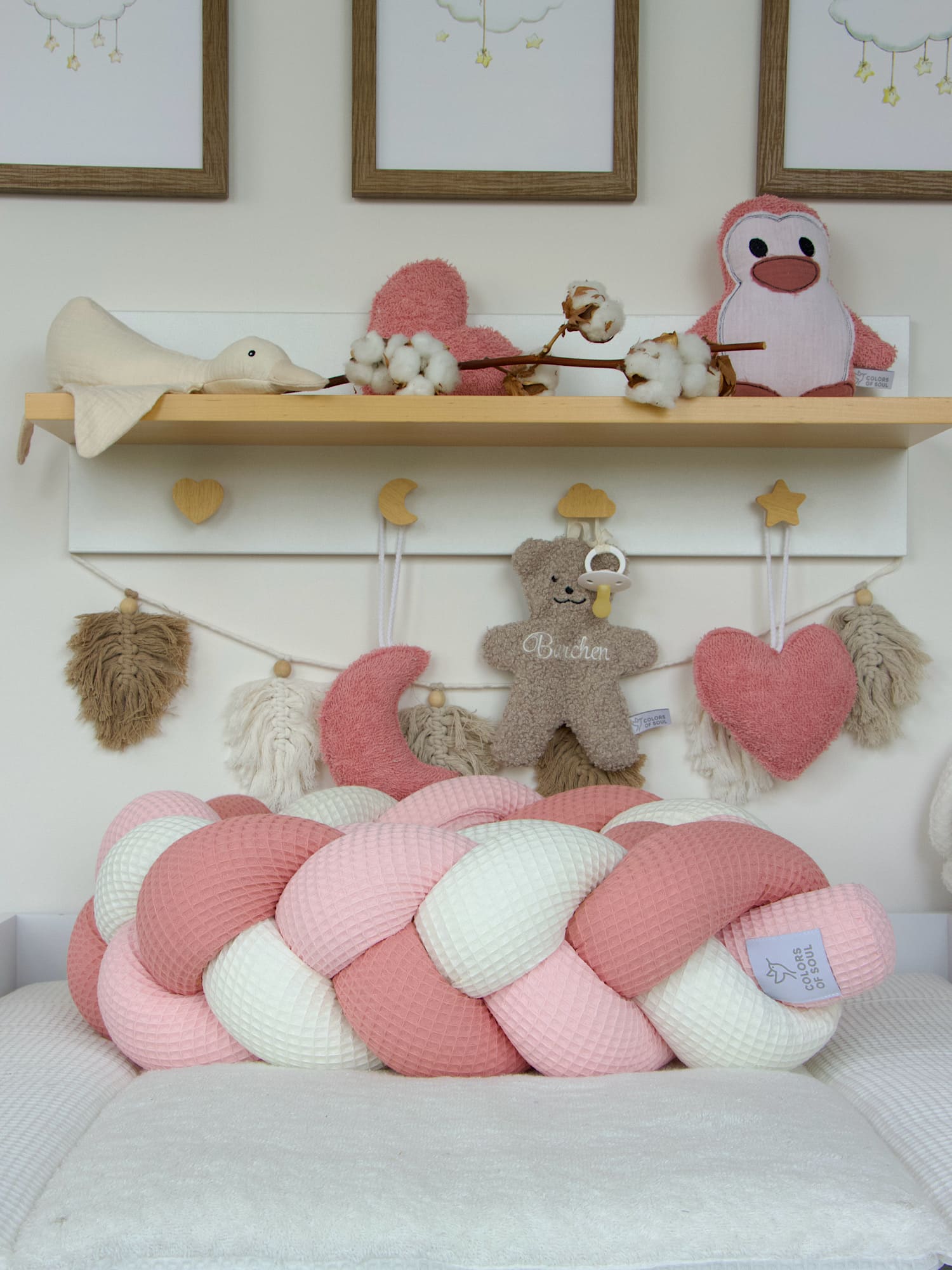 Bettschlange geflochten: Waffelpique creme, hellrosa, blush