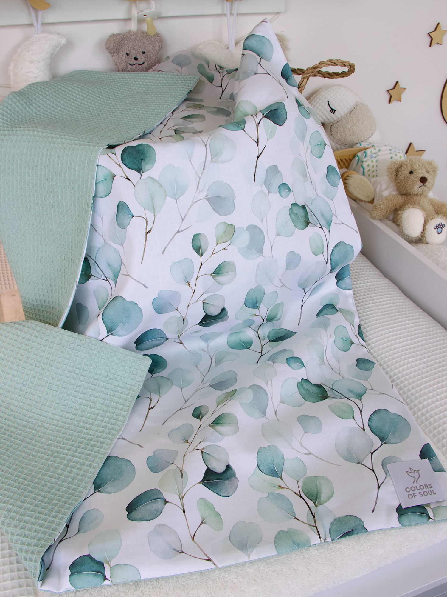 Personalisierte Babydecke - Silberdollar-Eukalyptus Aquarell / Waffelpique hellmint