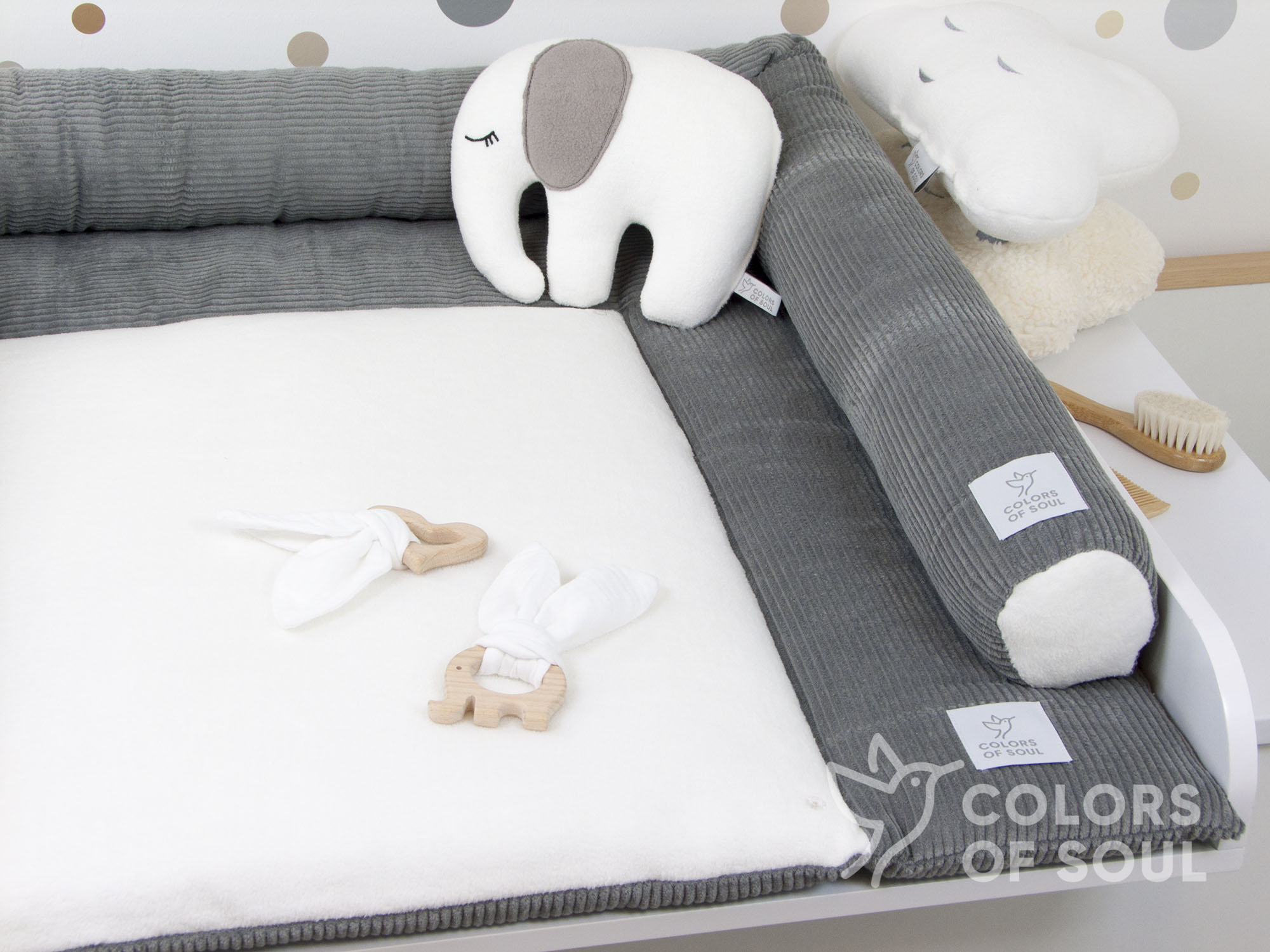 3-er SET - Wickelauflage, Bettschlange, Babynest - Kord grau / Baumwollfleece creme