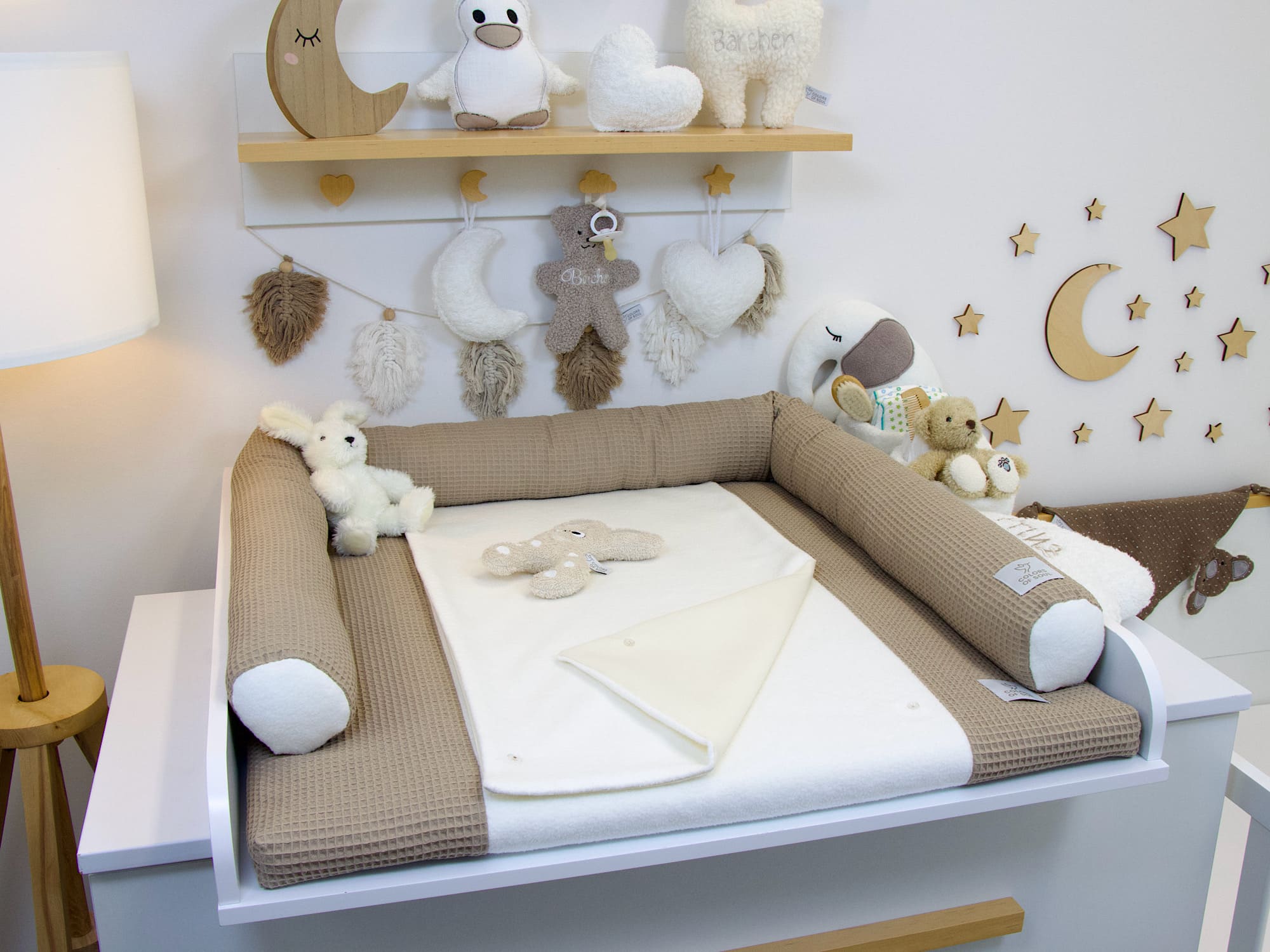 3-er SET - Wickelauflage mit Inlett, Babynest, Bettrolle - Waffel dunkelbeige/ Baumwollfleece creme