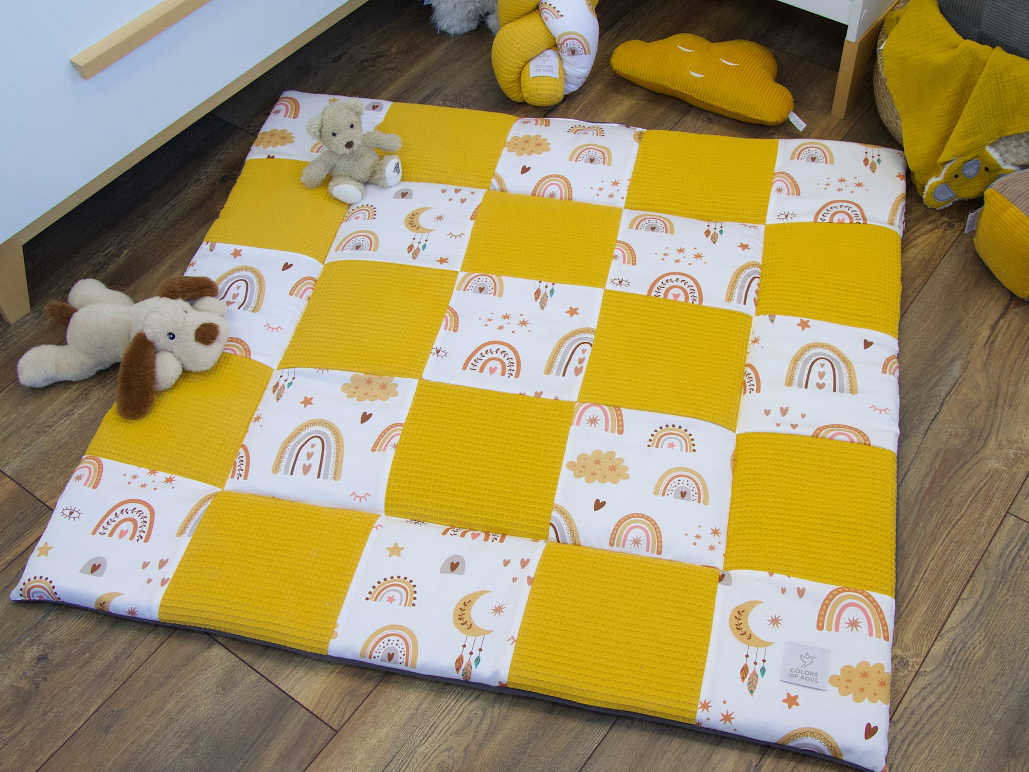 Krabbeldecke - Waffelpique gelb / Baby boho Regenbogen