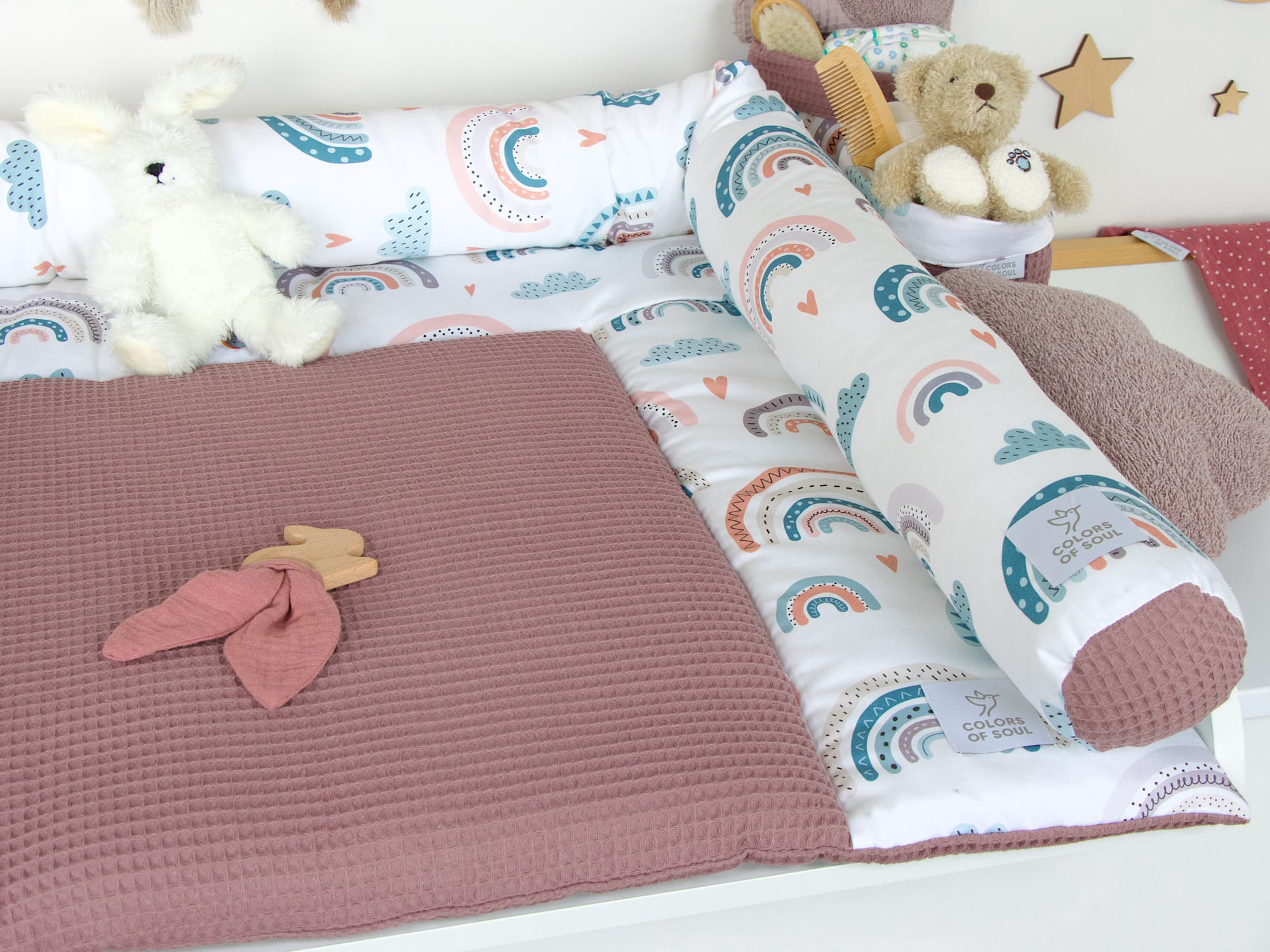 5-er SET - Wickelauflage, Babynest, Bettrolle - pastell Regenbogen und Herzen / Waffelpique alte malve