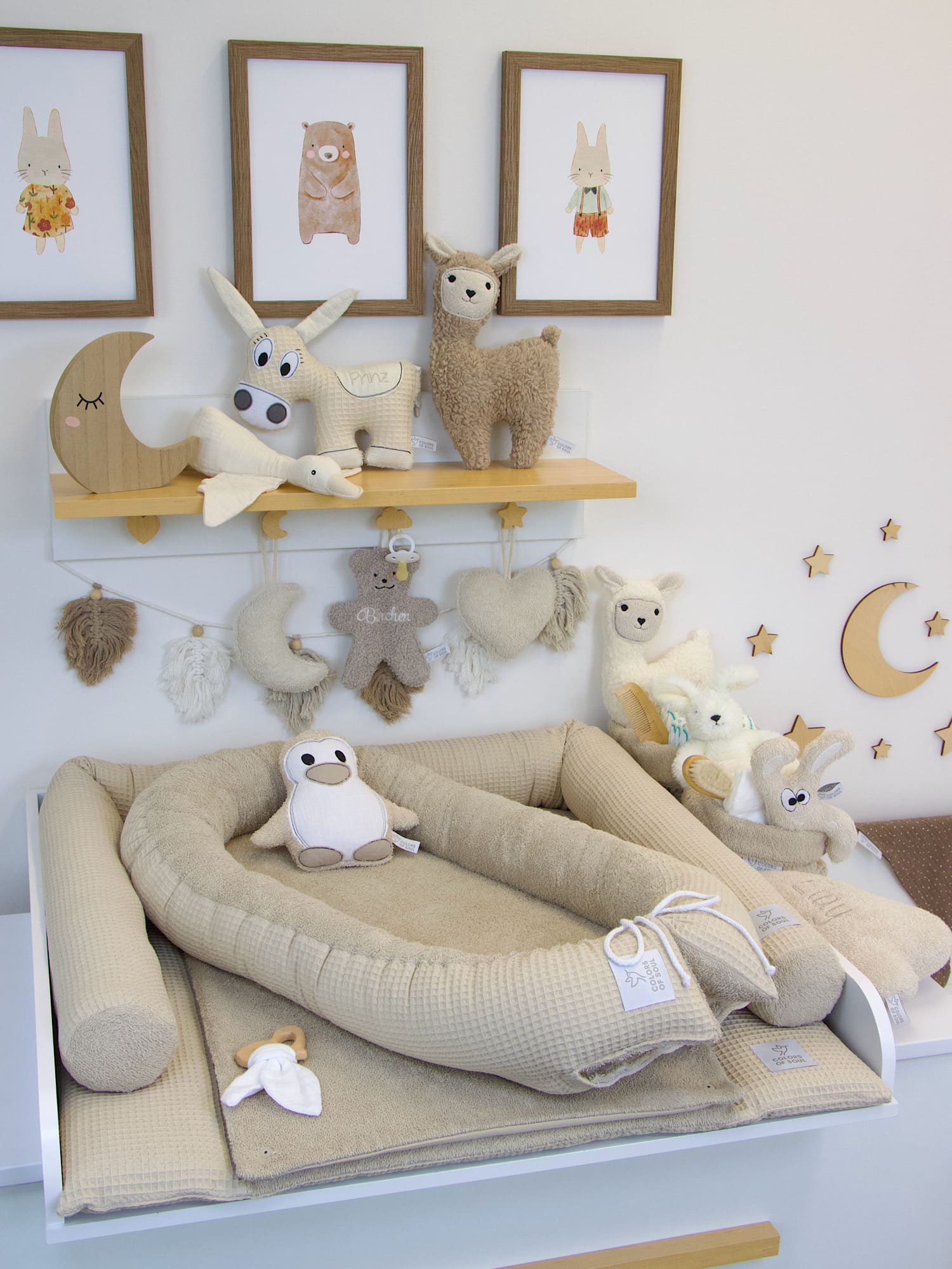 3-er SET - Wickelauflage, Bettschlange, Babynestchen - Waffelpique beige / Frottee beige