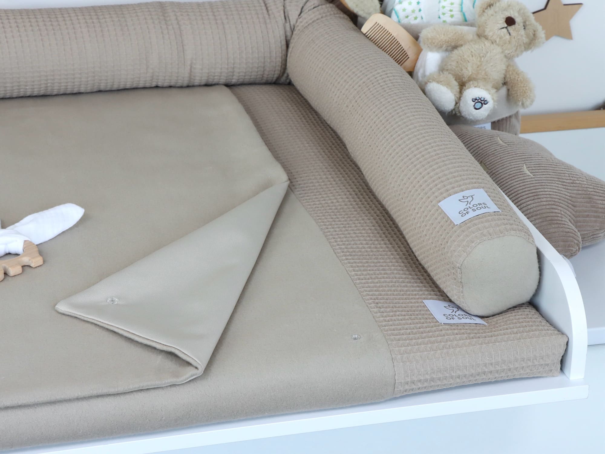 2-er SET - Wickelauflage mit Inlett, Bettrolle - Waffel dunkelbeige / Baumwollfleece dunkelbeige