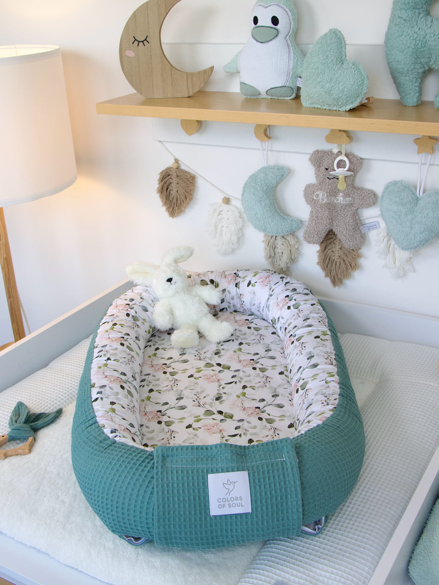 Babynest - Gartenblumen rosa / Waffelpique altgrün