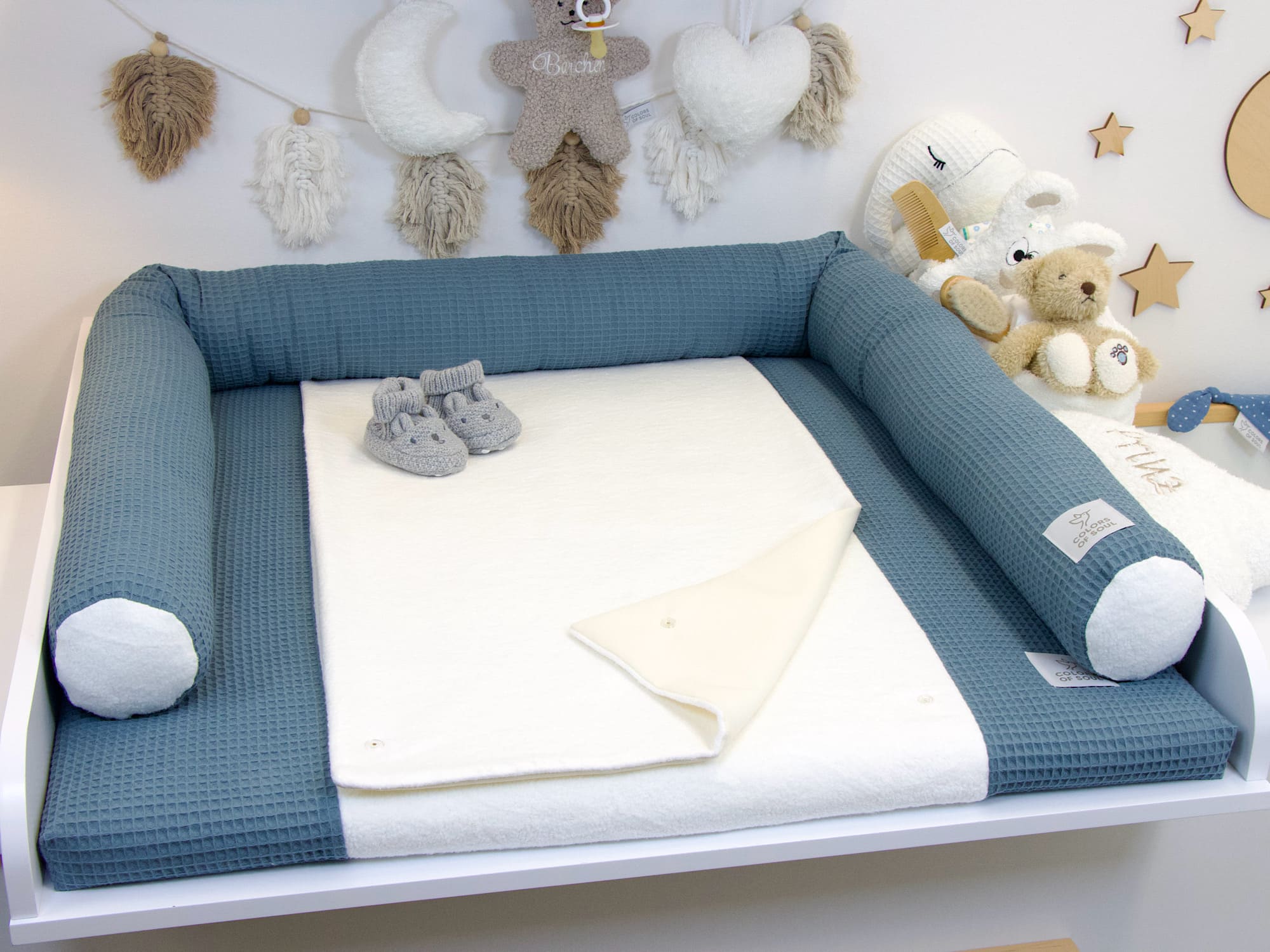 3-er SET - Wickelauflage mit Inlett, Babynest, Bettrolle - Waffel stahlblau / Baumwollfleece creme