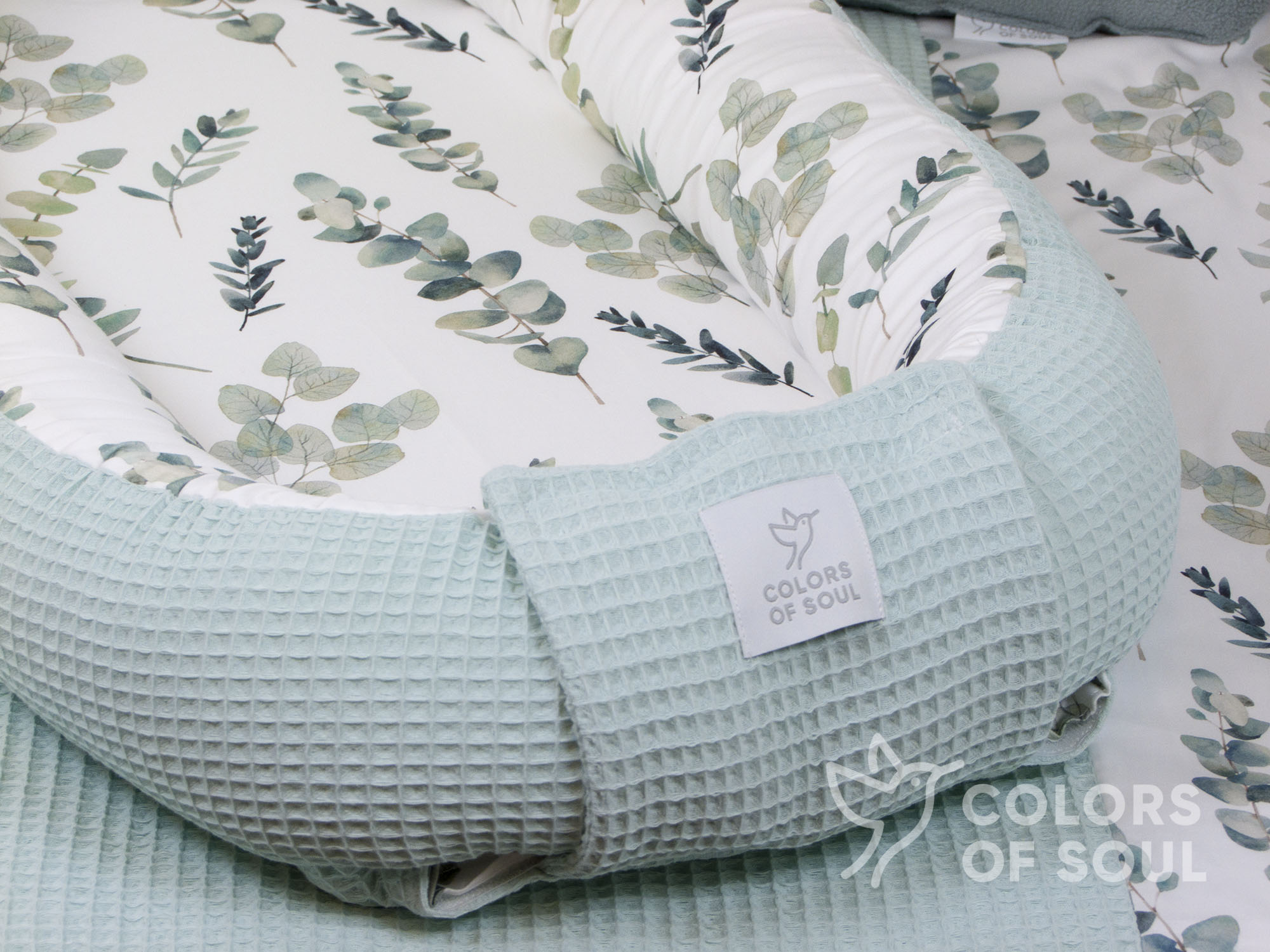 3-er SET - Wickelauflage mit Inlett, Babynest, Bettrolle - Eukalyptus Aquarell / Waffel pastellmint