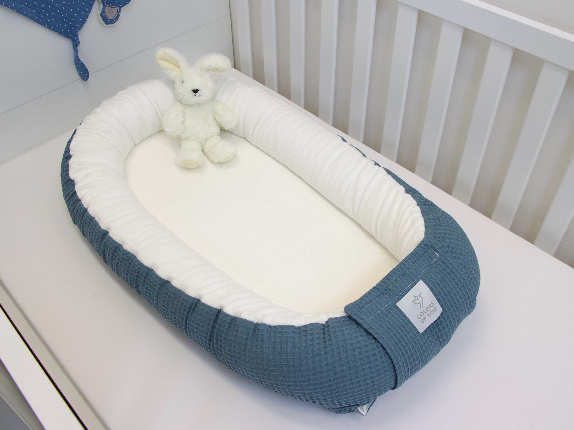 3-er SET - Wickelauflage mit Inlett, Babynest, Bettrolle - Waffel stahlblau / Baumwollfleece creme