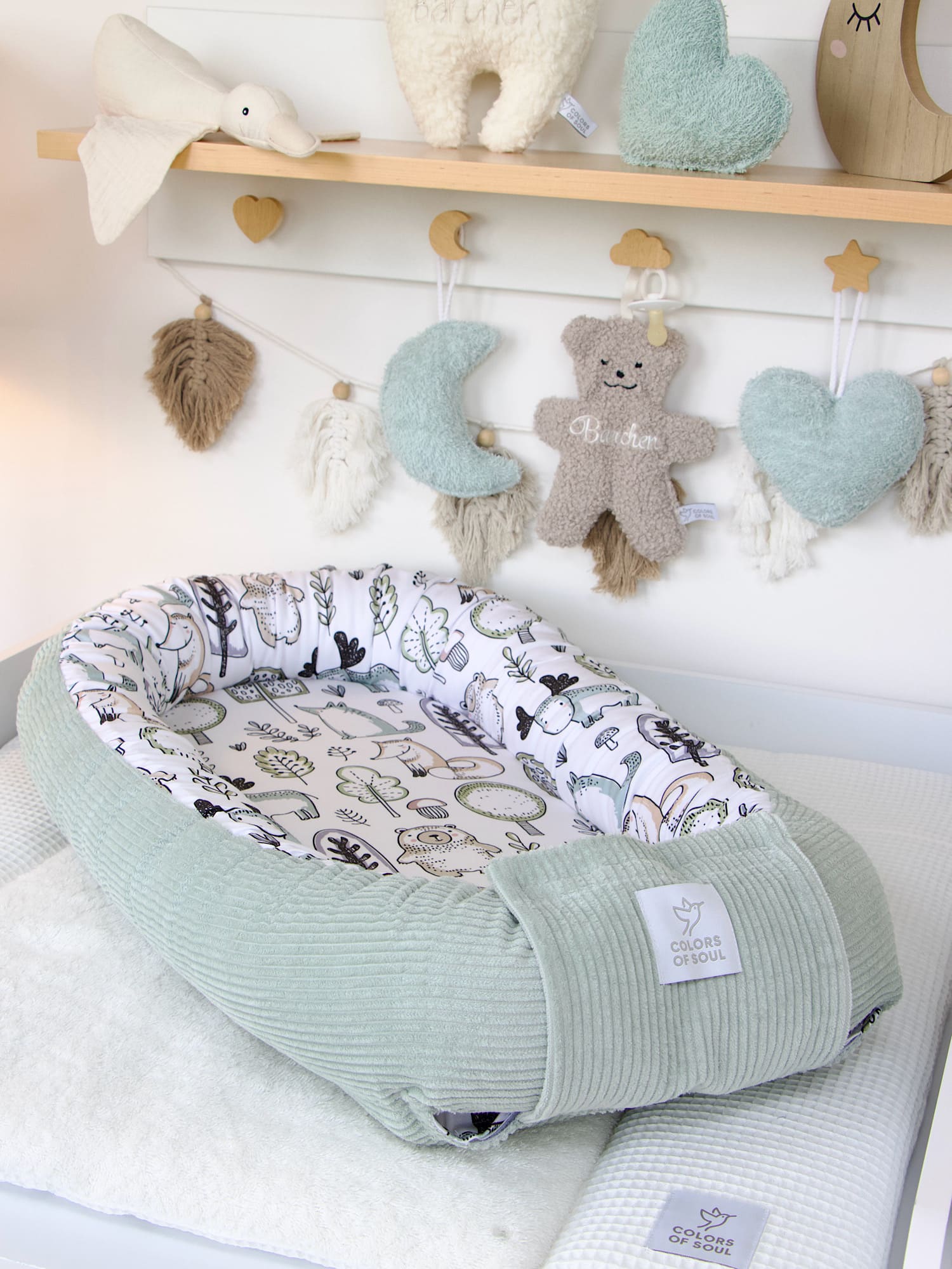 Babynest Cord mint und Waldfreunde