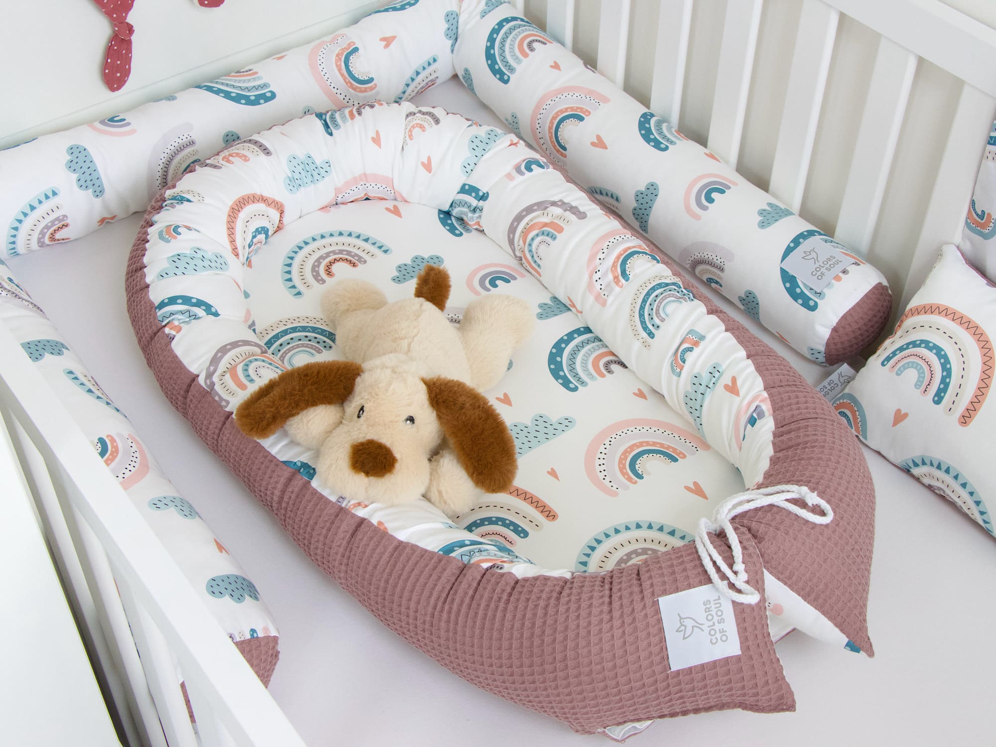 5-er SET - Wickelauflage, Babynest, Bettrolle - pastell Regenbogen und Herzen / Waffelpique alte malve