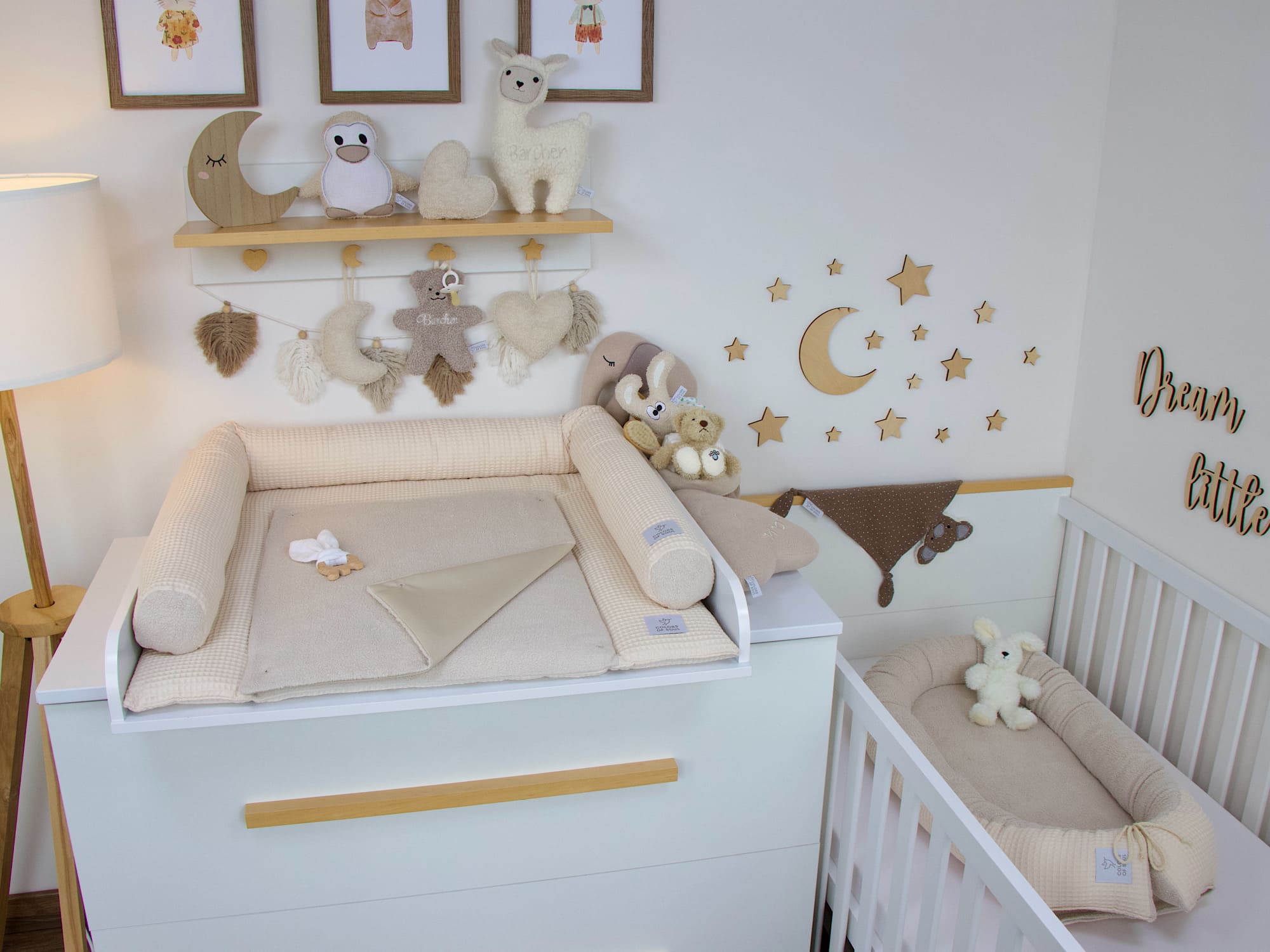 3-er SET - Wickelauflage, Bettschlange, Babynest - Waffelpique hellbeige / Baumwollfleece hellbeige