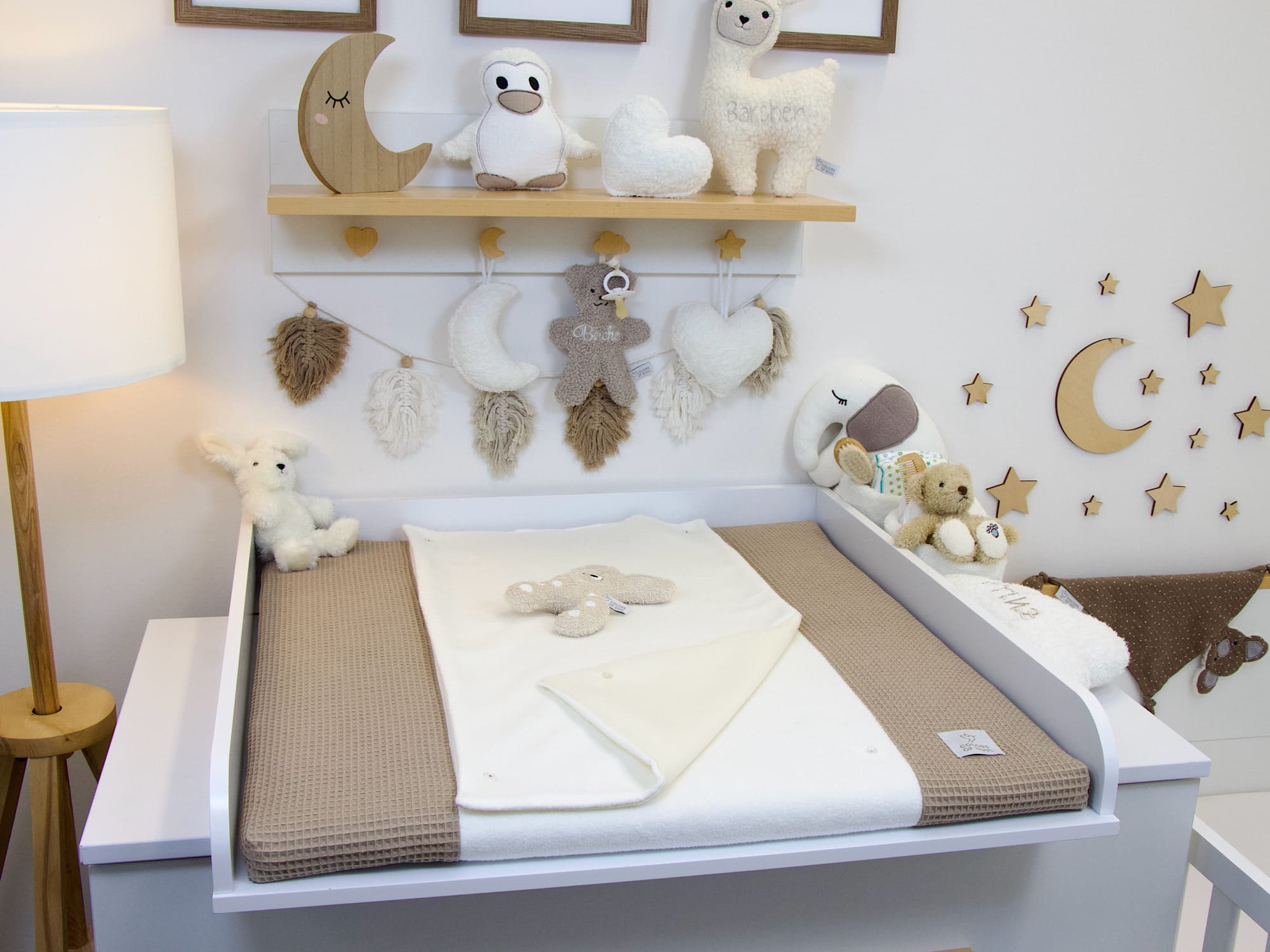 3-er SET - Wickelauflage mit Inlett, Babynest, Bettrolle - Waffel dunkelbeige/ Baumwollfleece creme