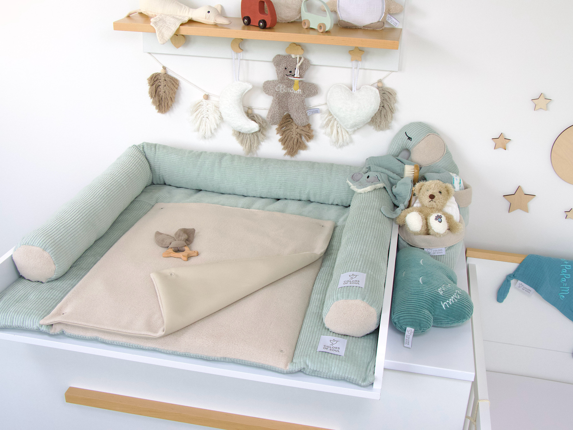2-er SET - Wickelauflage, Bettschlange - Kord mint / Baumwollfleece beige
