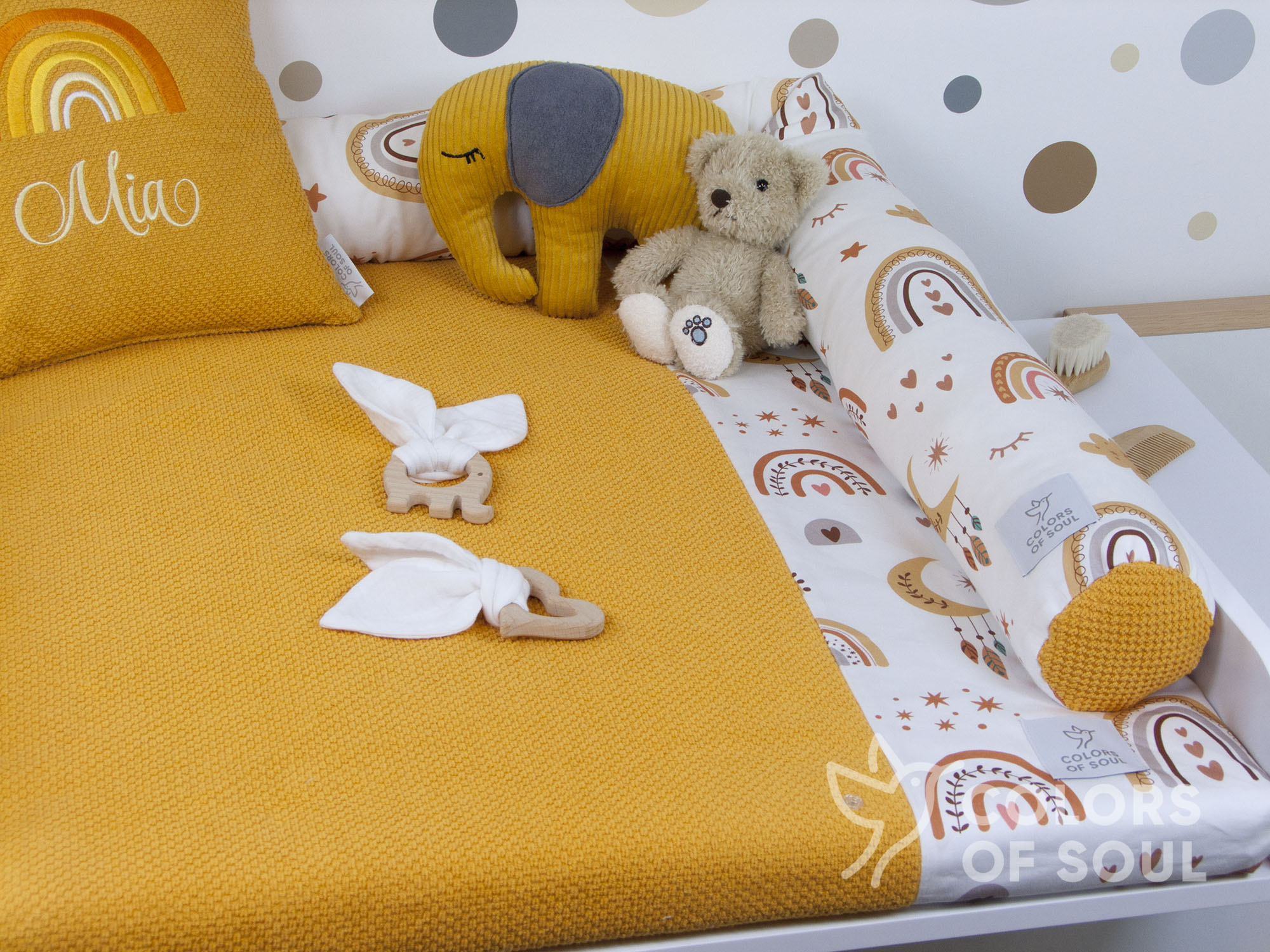 2-er SET - Wickelauflage mit Inlett, Bettschlange - Baby boho Regenbogen / Waffelpique BeBe gelb