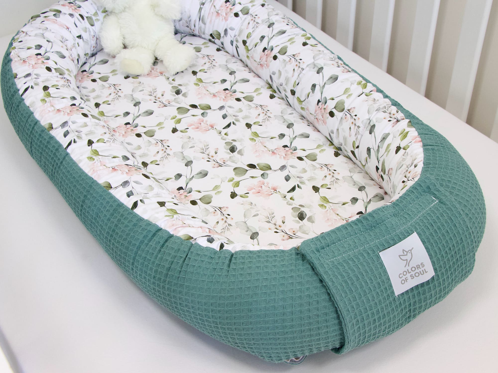 Babynest - Gartenblumen rosa / Waffelpique altgrün