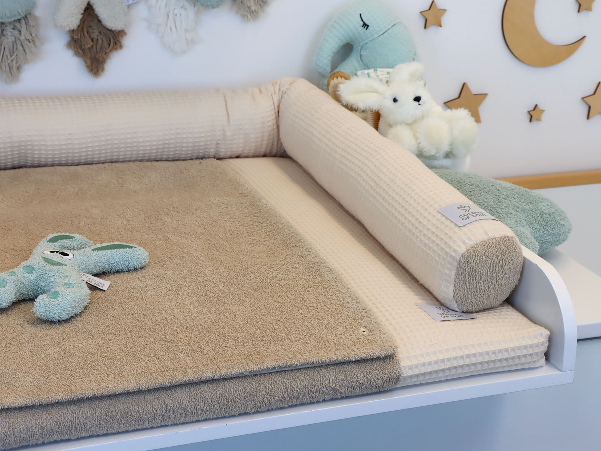 Wickelauflage mit Bezug & Bettschlange – Waffelpique Hellbeige & Frottee Beige