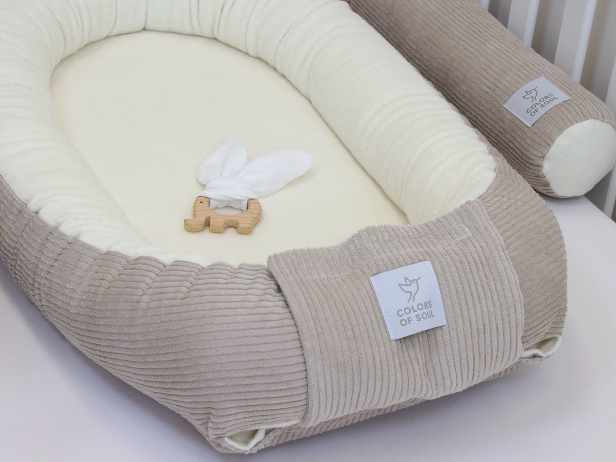 2-er SET - 3-teiliges Babynestchen, Bettschlange - Cord hellbeige / Baumwollfleece creme