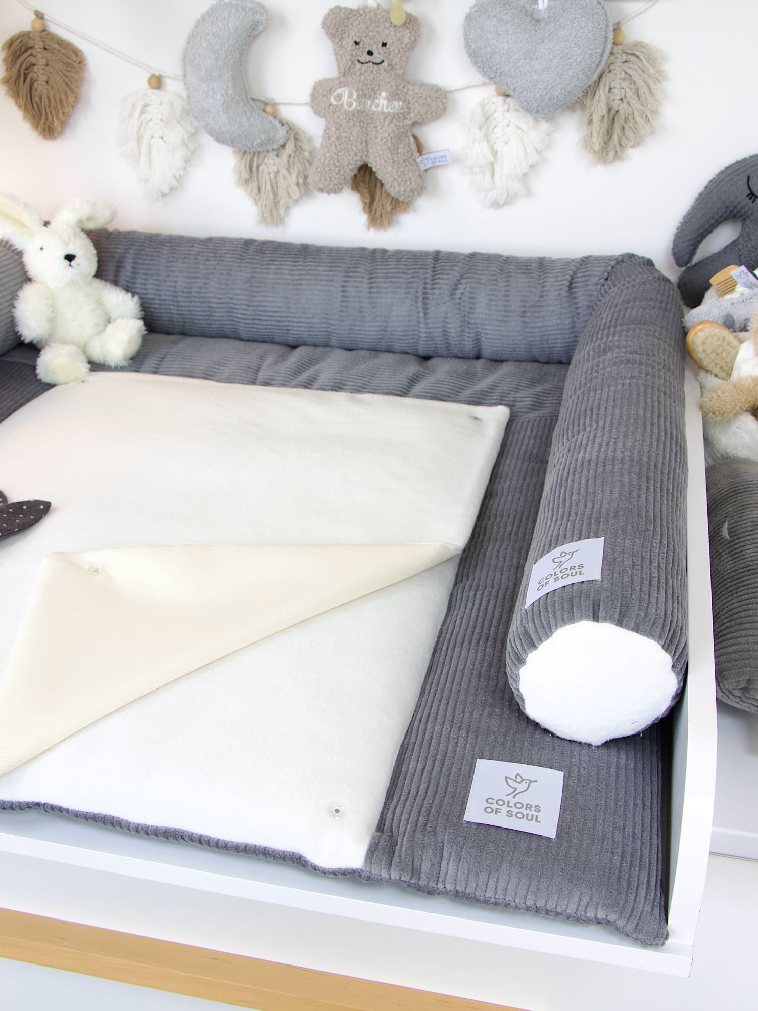 Wickelauflage Set mit Bettschlange Cord grau / Baumwollfleece creme