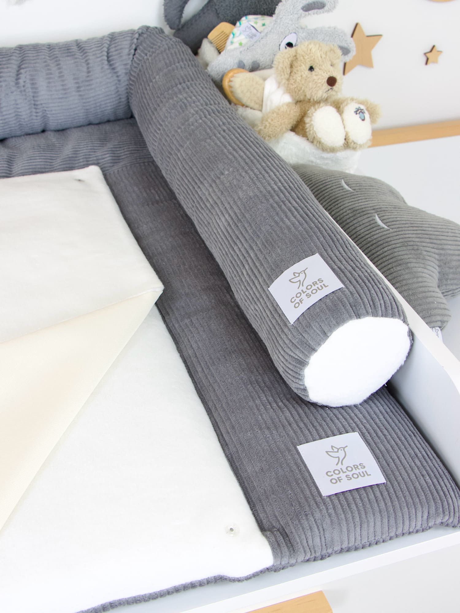 Wickelauflage Set mit Bettschlange Cord grau / Baumwollfleece creme