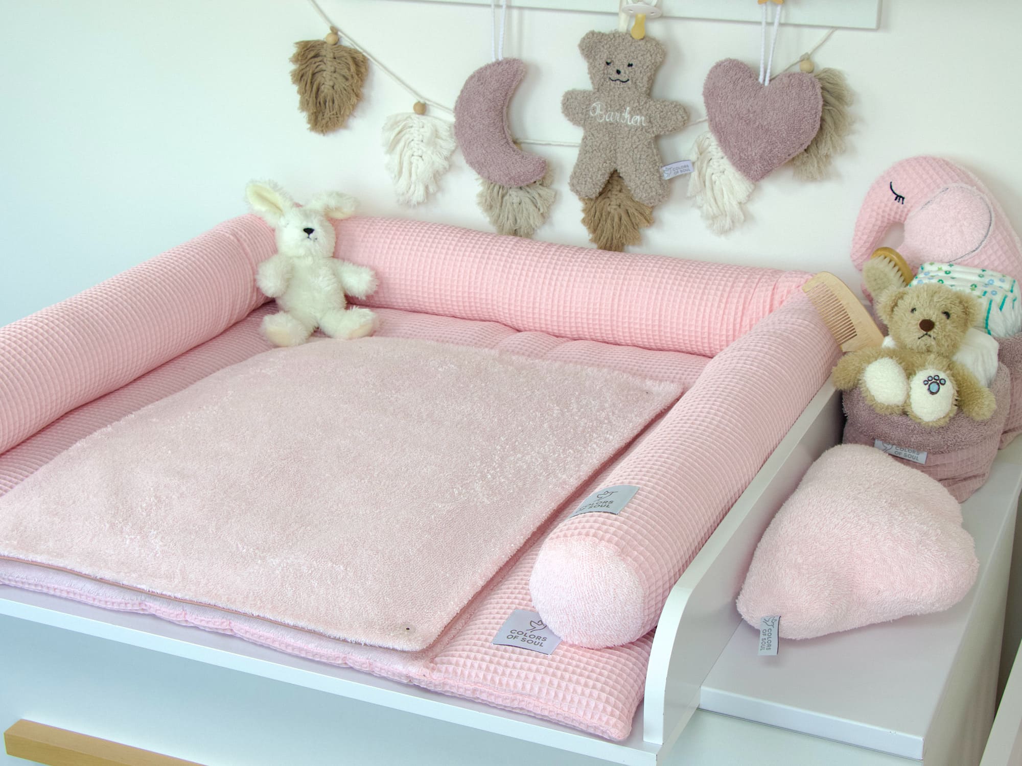 3-er SET - Wickelauflage, Bettschlange, Babynestchen - Waffelpique hellrosa / Frottee hellrosa