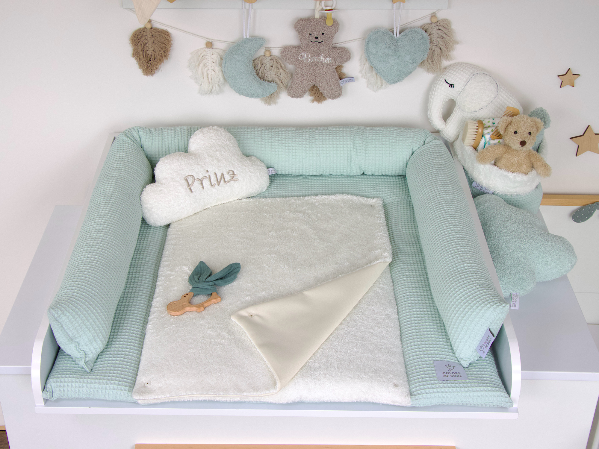 2-er SET - Wickelauflage, Bettschlange - Waffelpique pastellmint / Frottee creme
