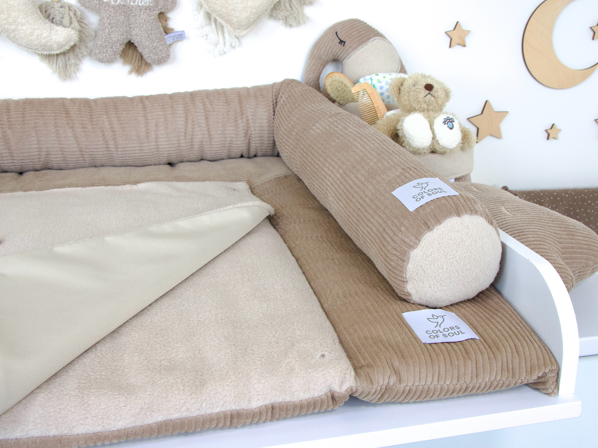 2-er SET - Wickelauflage, Bettschlange - Kord camel / Baumwollfleece beige