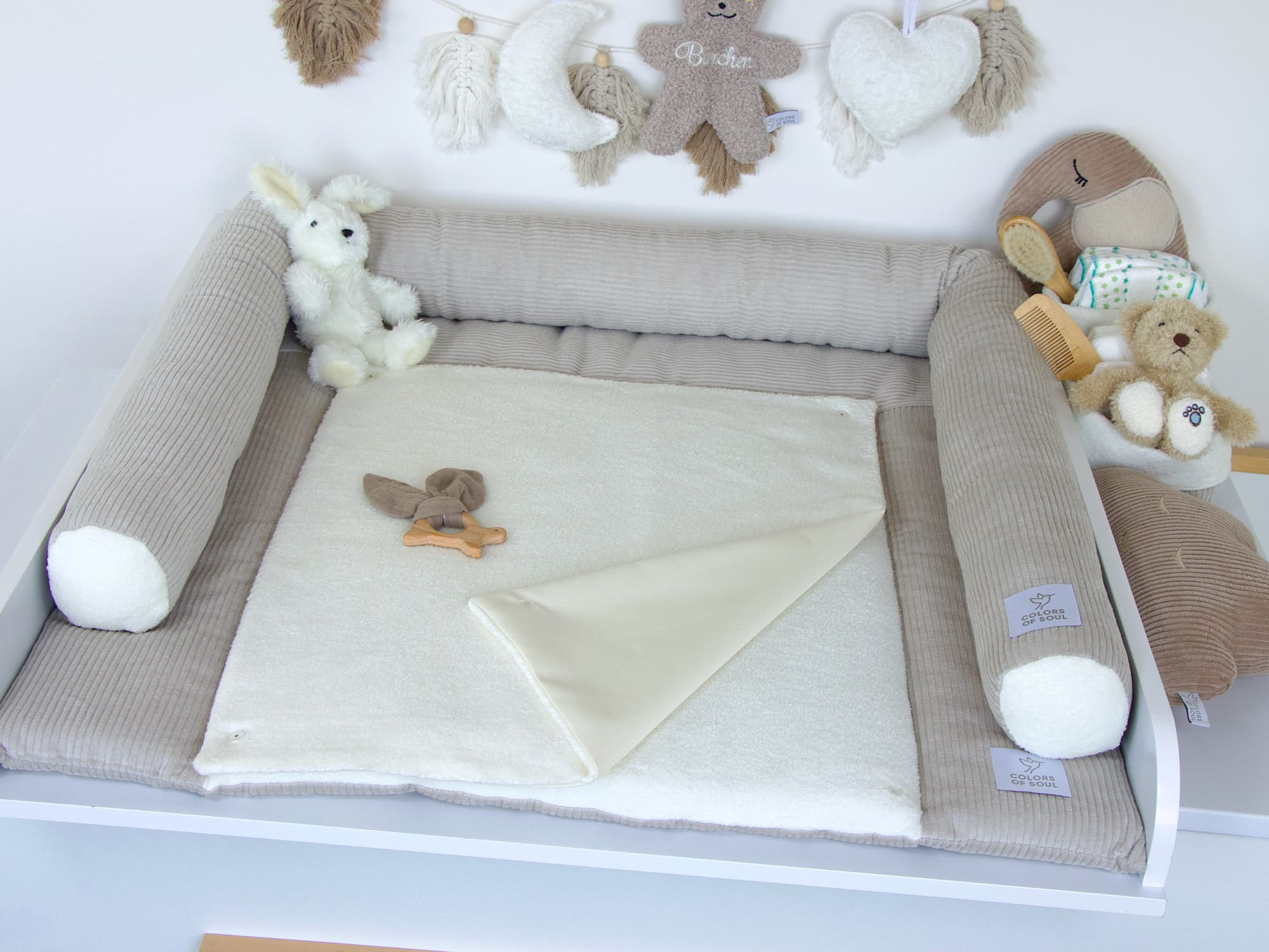 3-er SET - Wickelauflage, Bettschlange, Babynest - Kord hellbeige / Baumwollfleece creme