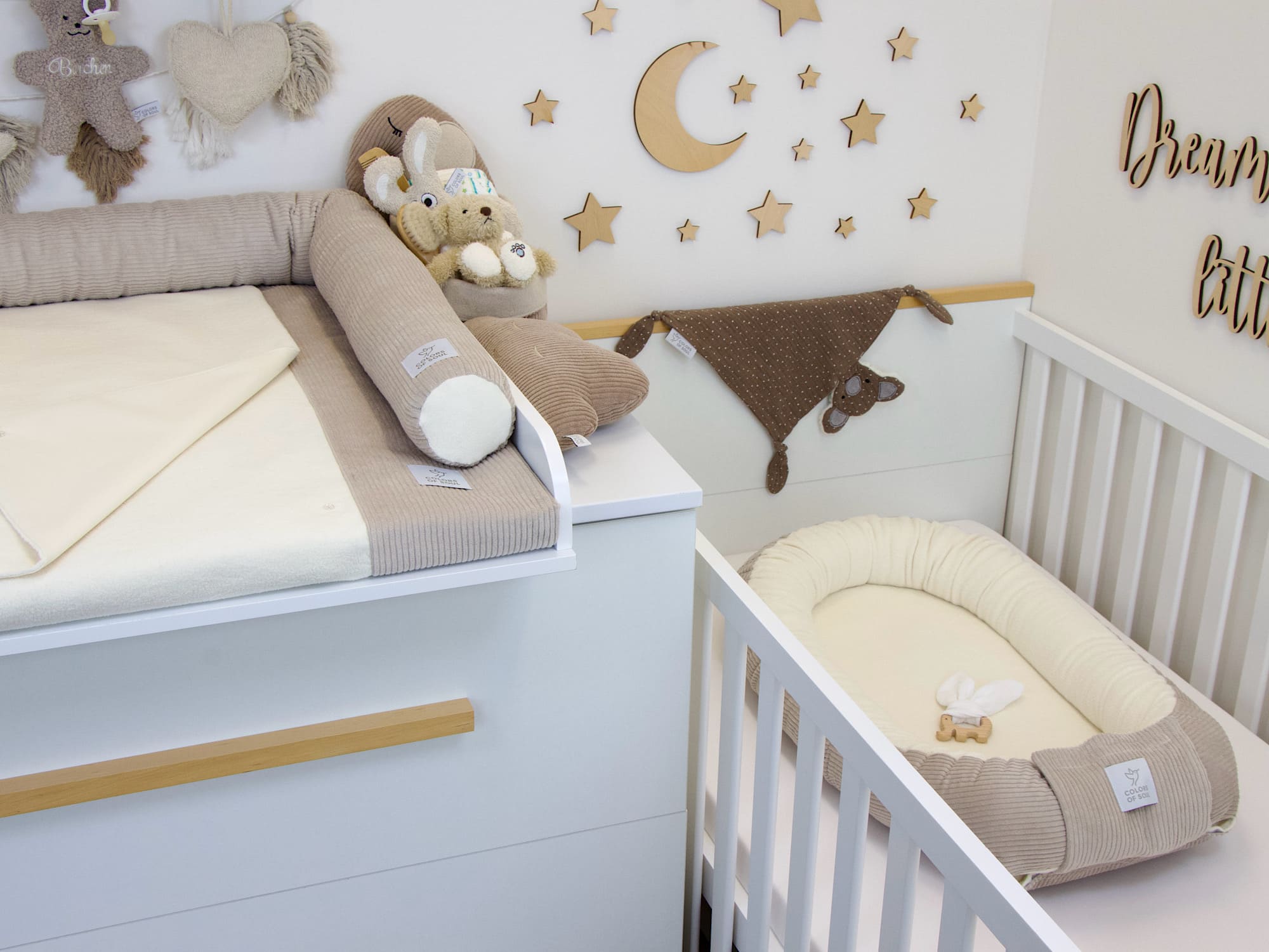 3-er SET - Wickelauflage, Babynestchen, Bettschlange - Cord hellbeige / Baumwollfleece creme