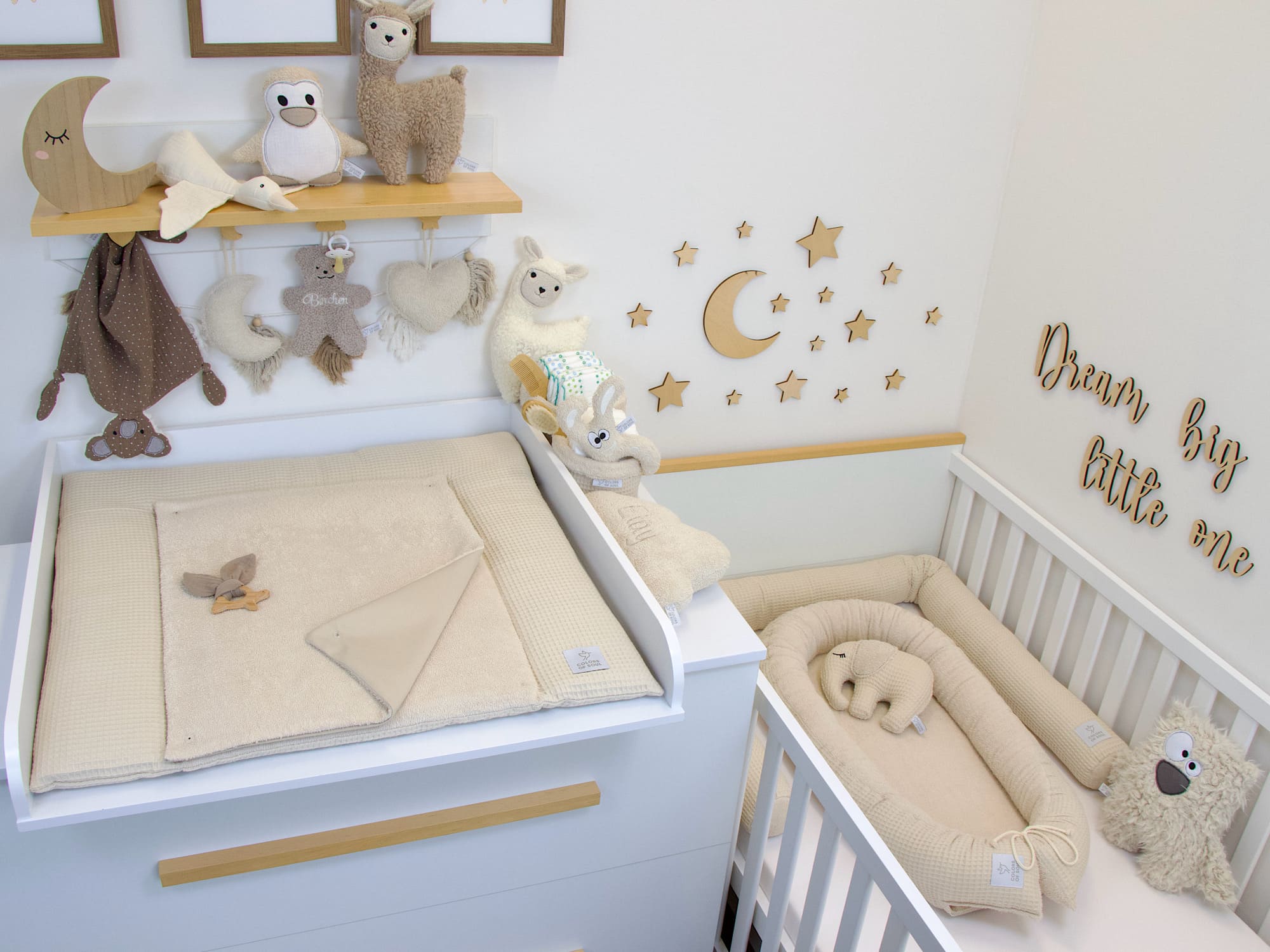 3-er SET - Wickelauflage, Bettschlange, Babynestchen - Waffelpique light sand / Frottee light sand