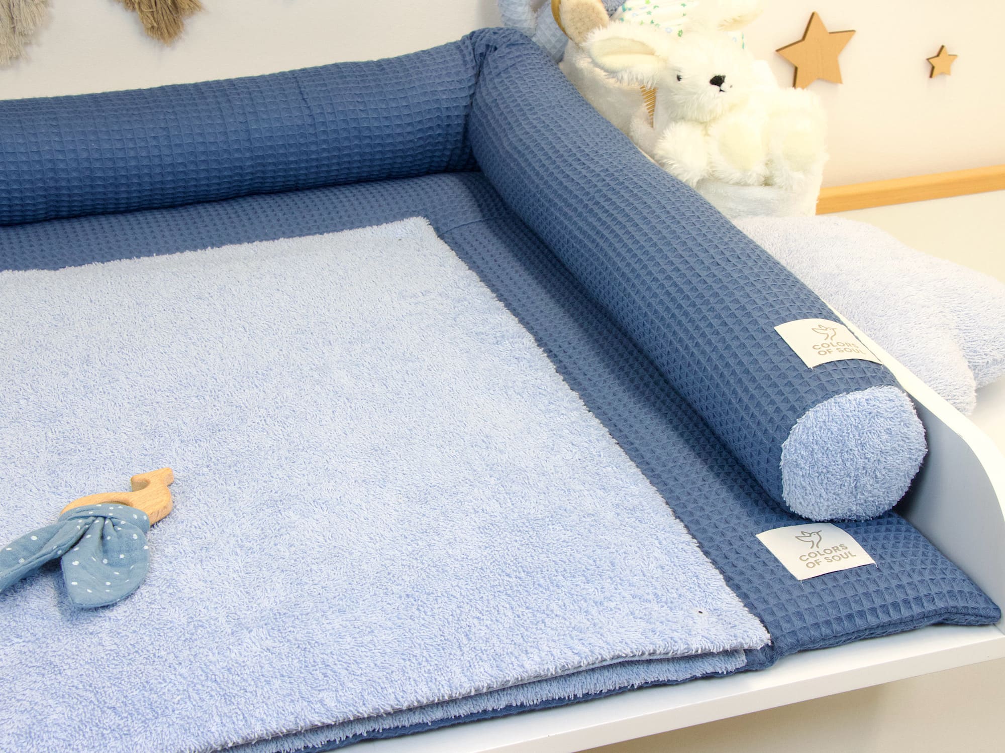 Wickelauflage mit Umrandung - Waffelpique jeansblau & Frottee himmelblau