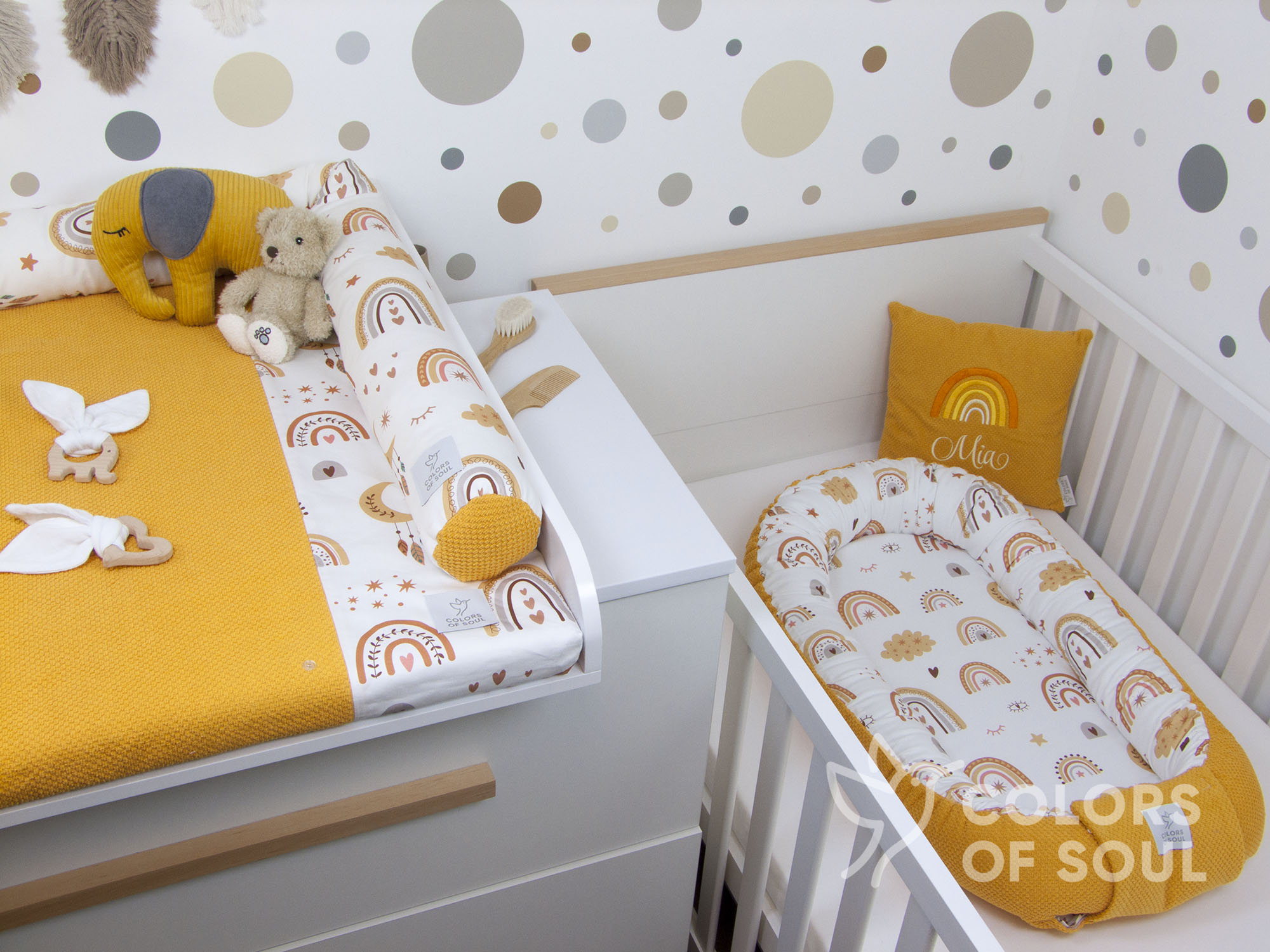 3-er SET - Wickelauflage mit Inlett, Babynest, Bettrolle - Baby boho Regenbogen / BeBe gelb