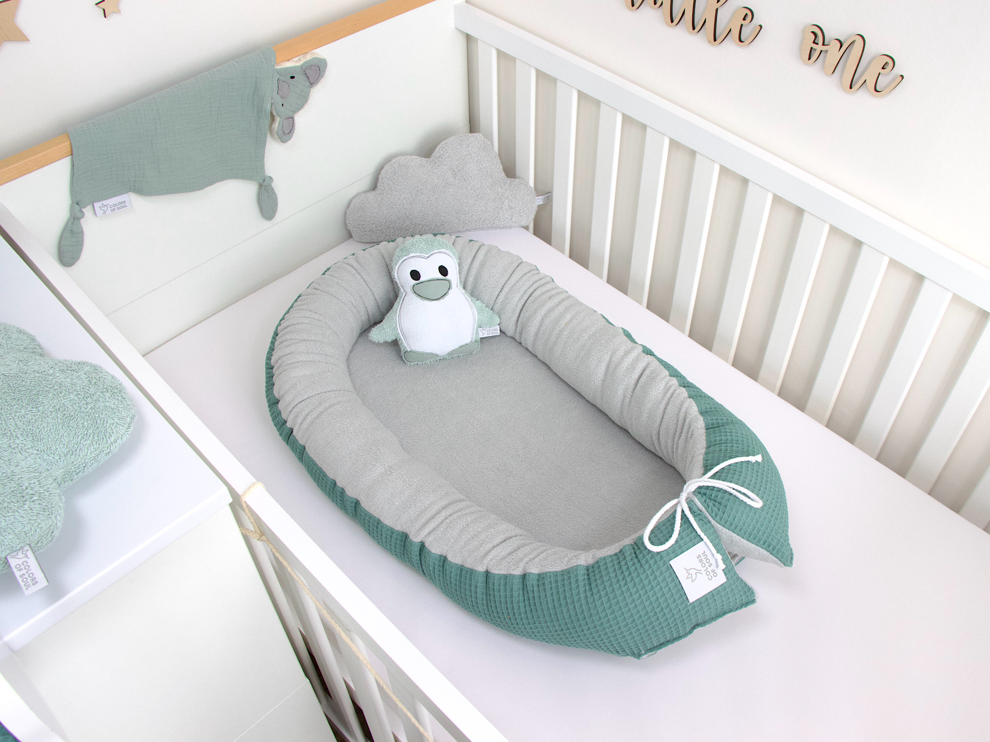 3-er SET - Wickelauflage, Bettschlange, Babynest - Waffelpique altgrün / Baumwollfleece hellgrau