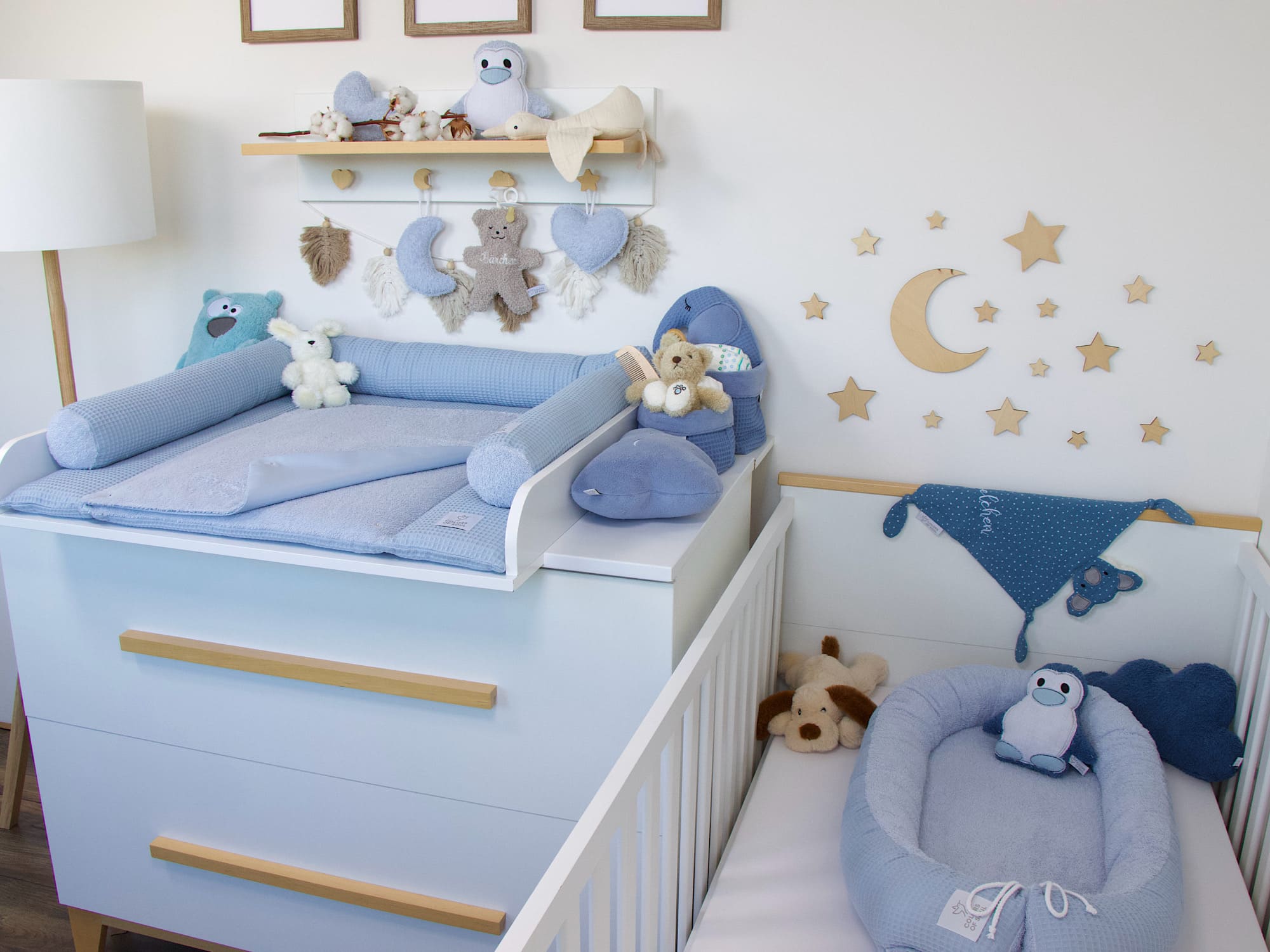 3-er SET - Wickelauflage, Bettschlange, Babynestchen - Waffelpique hellblau / Frottee hellblau