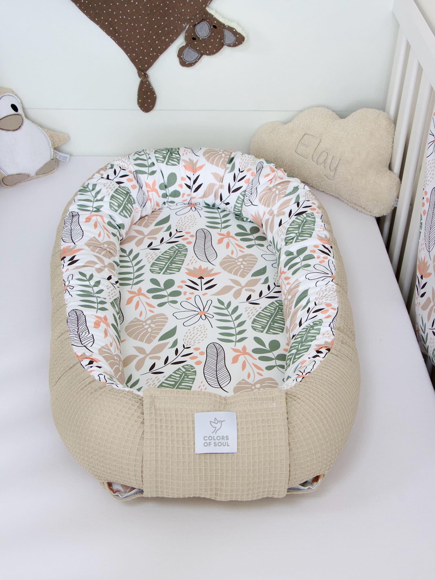 5-er SET - Wickelauflage mit Inlett, Babynestchen, Bettschlange - Tropical Blumen / Waffel beige