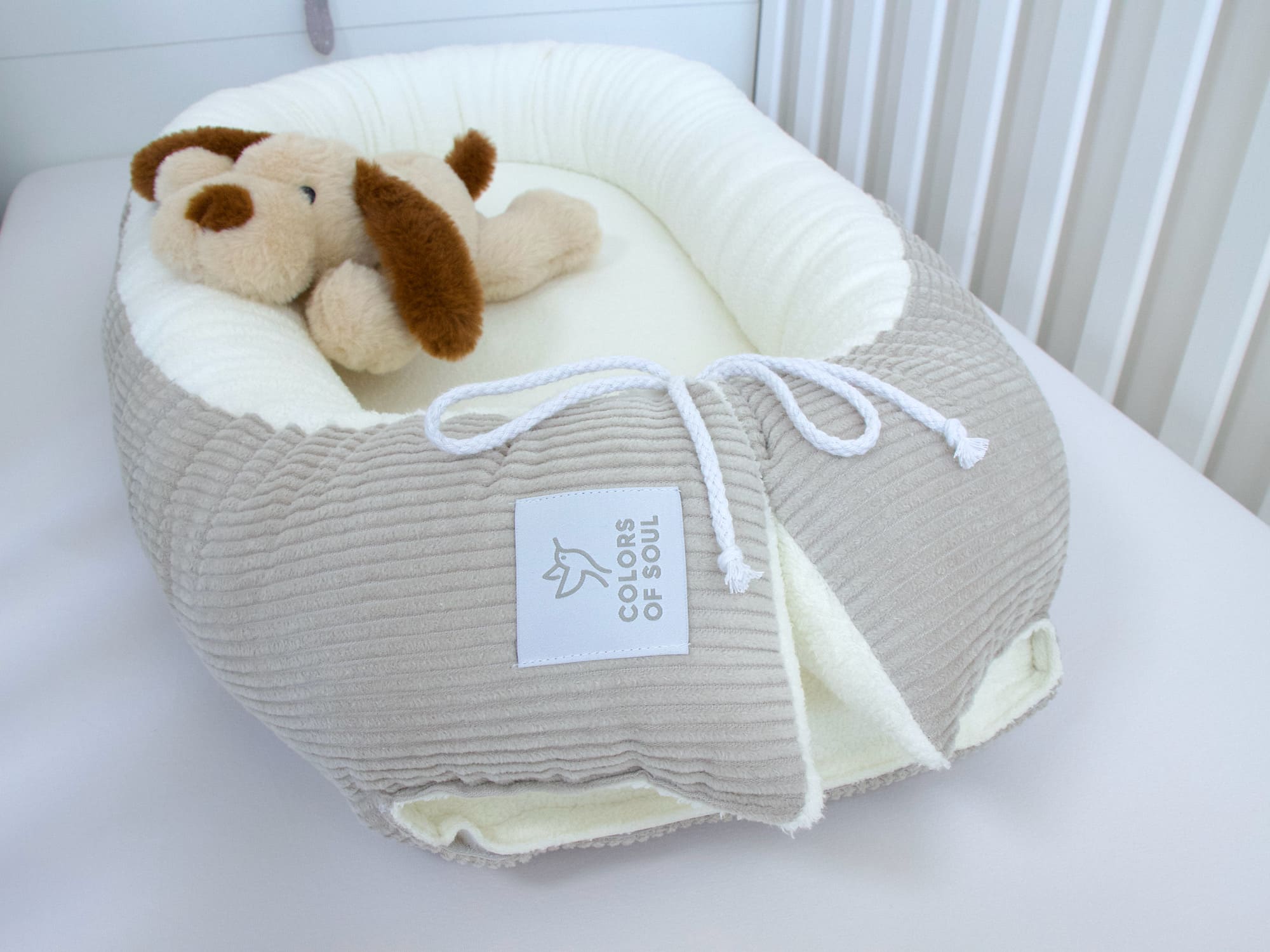 3-er SET - Wickelauflage, Bettschlange, Babynest - Kord hellbeige / Baumwollfleece creme
