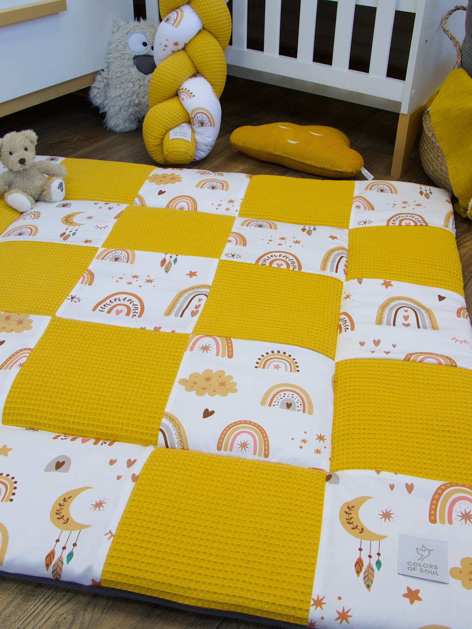 Krabbeldecke - Waffelpique gelb / Baby boho Regenbogen