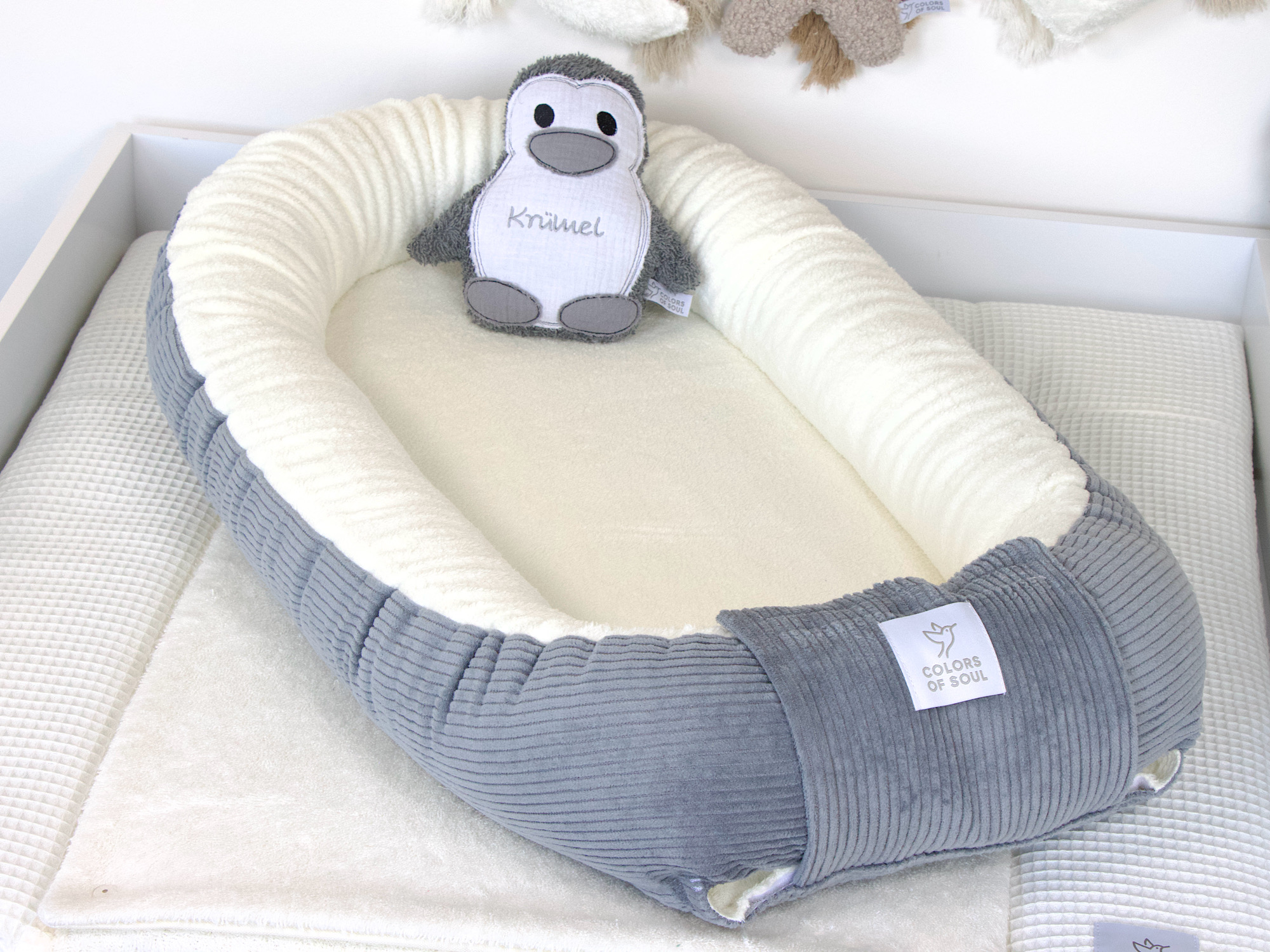 Babynestchen - Kordstoff grau / Baumwollfleece creme