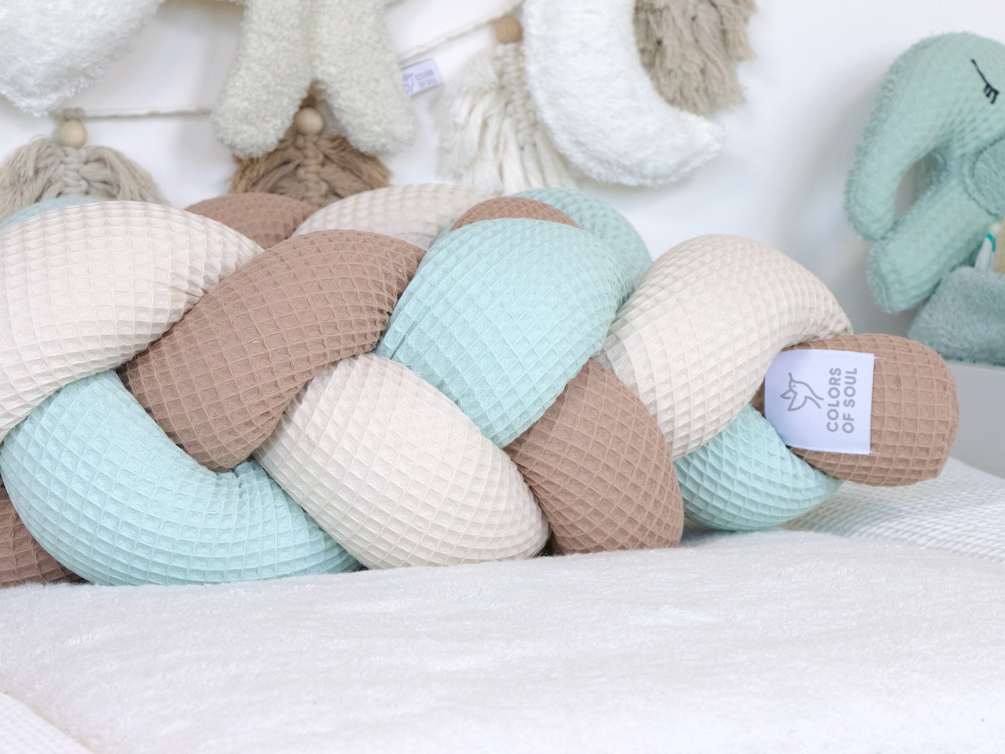Bettschlange geflochten: Waffelpique camel, hellbeige, pastelmint