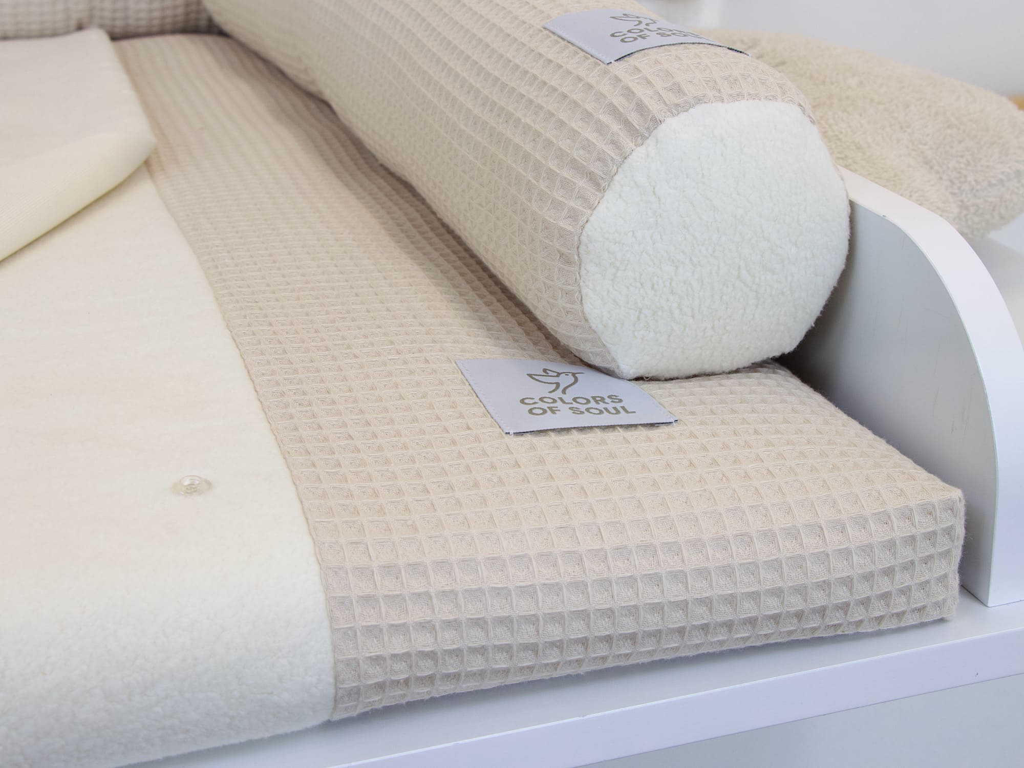 2-er SET - Wickelauflage mit Inlett, Bettschlange - Waffelpique natur / Baumwollfleece creme